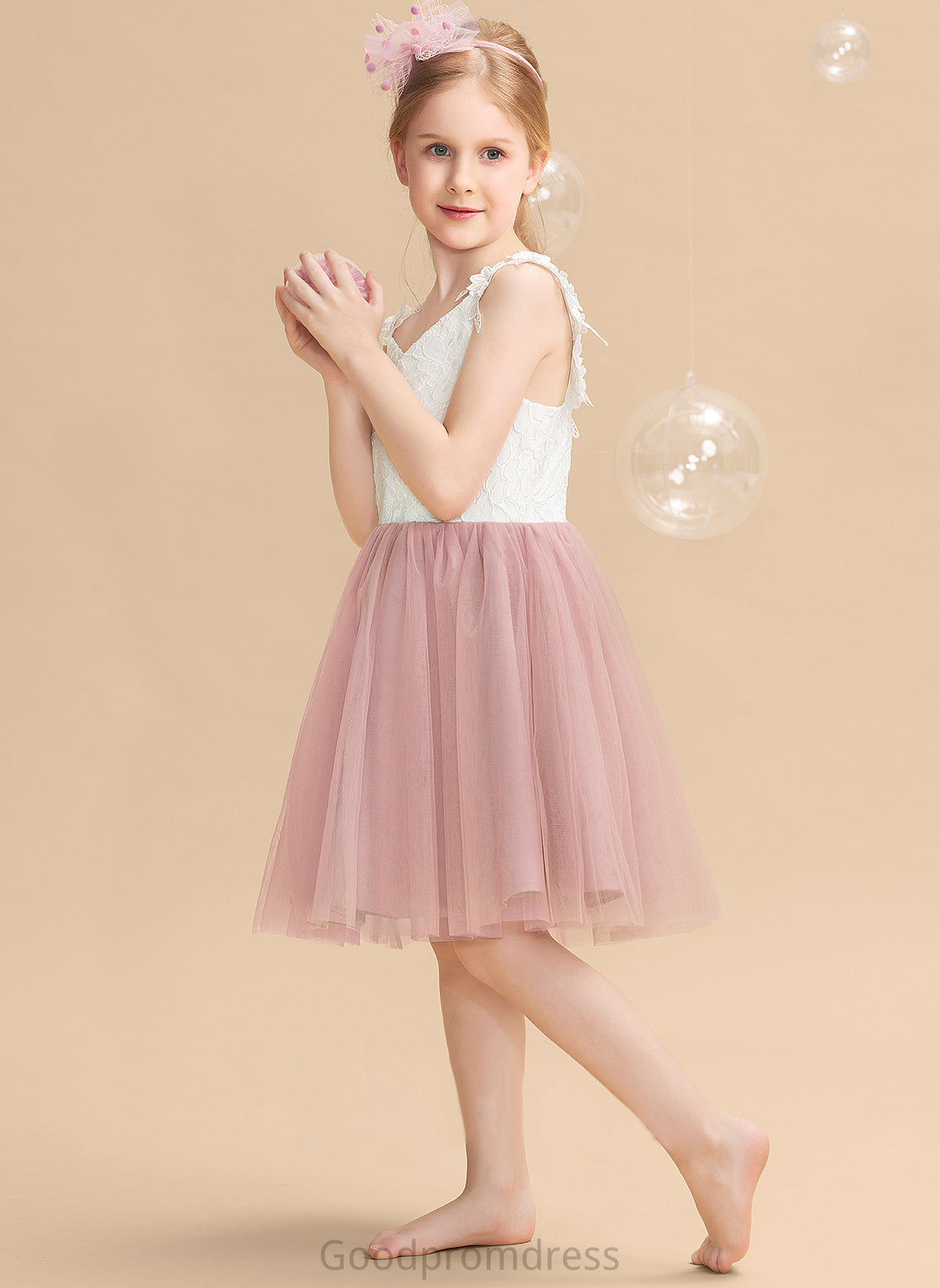 Sleeveless Flower Girl Dresses Tulle/Lace - Gianna Flower Girl V-neck Knee-length Dress A-Line