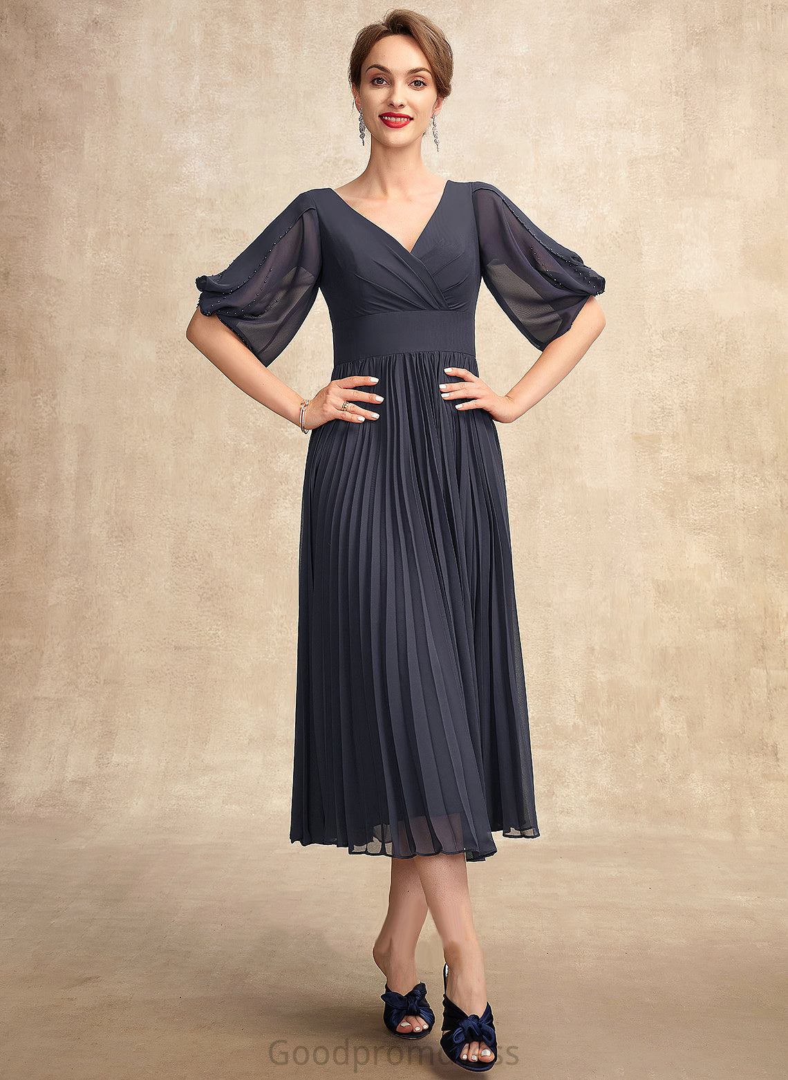 A-Line Chiffon Mother of the Bride Dresses Bride With the Tea-Length Mother Pleated V-neck of Dress Michaela