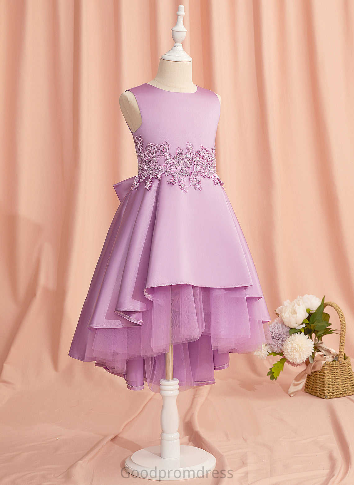 Lace/Beading/Bow(s) Peggie - Satin/Tulle Neck A-Line Scoop Dress With Sleeveless Flower Girl Flower Girl Dresses Asymmetrical