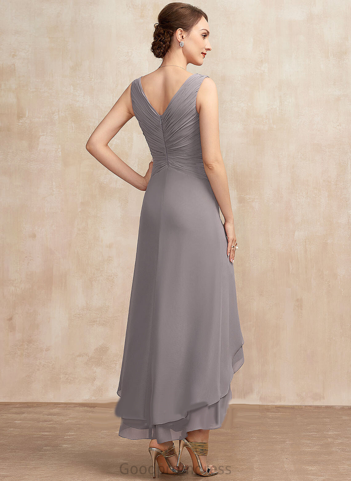 Bride the With Chiffon A-Line Mother V-neck Dress Makaila of Ruffle Asymmetrical Mother of the Bride Dresses