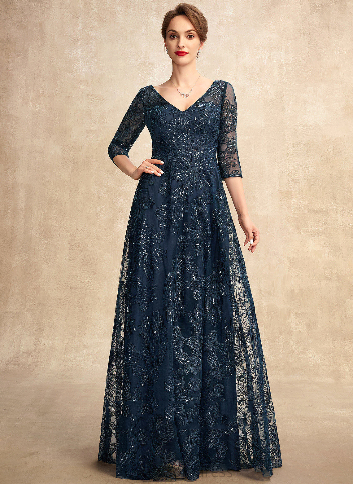 Floor-Length A-Line of Mother of the Bride Dresses Bride Lace Sequins Dress Mother the With V-neck Mara