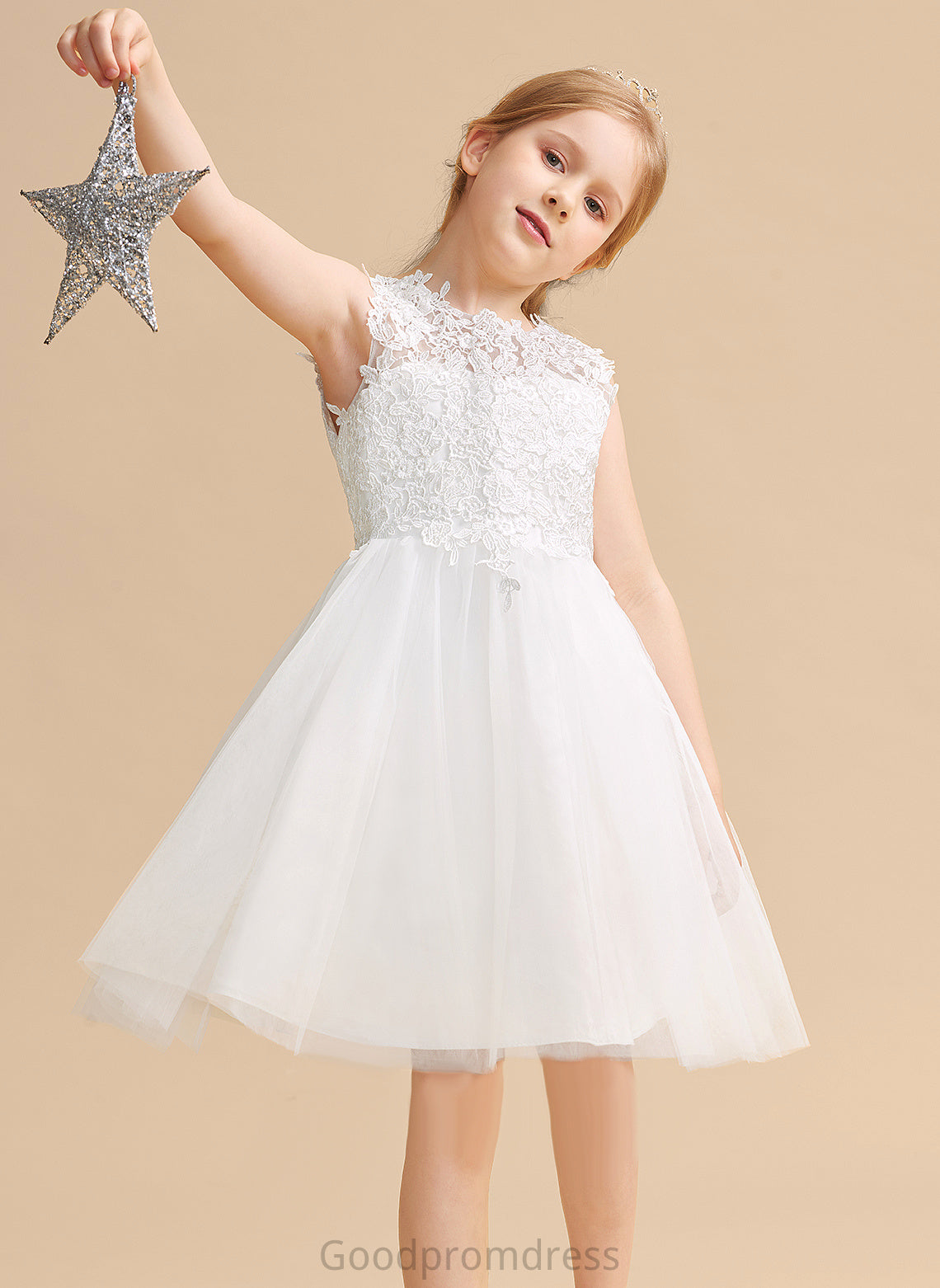 A-Line/Princess Sleeveless Back Knee-length With - Flower Neck Satin/Tulle/Lace Dress Brooklyn Scoop Flower Girl Dresses Girl Hole