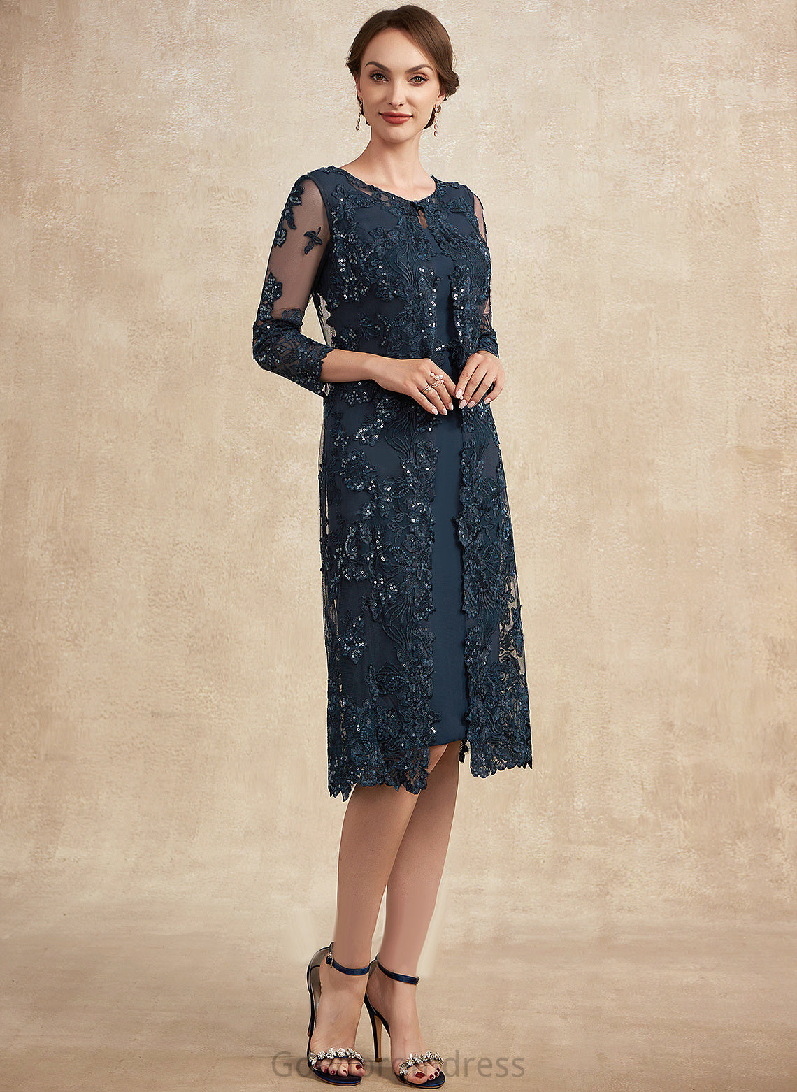 Carleigh Mother With the Lace Sheath/Column Bride Scoop Knee-Length Dress Neck Sequins Mother of the Bride Dresses of Chiffon