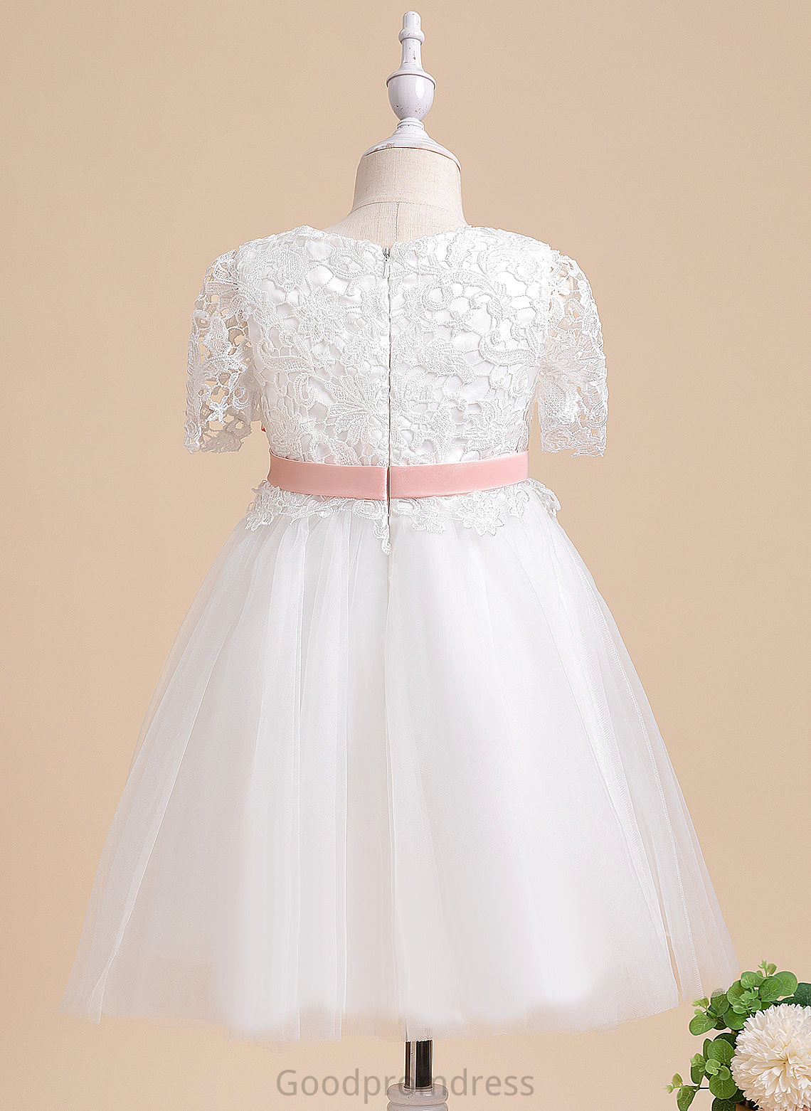 Sash/Flower(s) Melissa A-Line Tulle/Lace Knee-length - Short Neck Scoop Girl Flower Girl Dresses With Flower Dress Sleeves