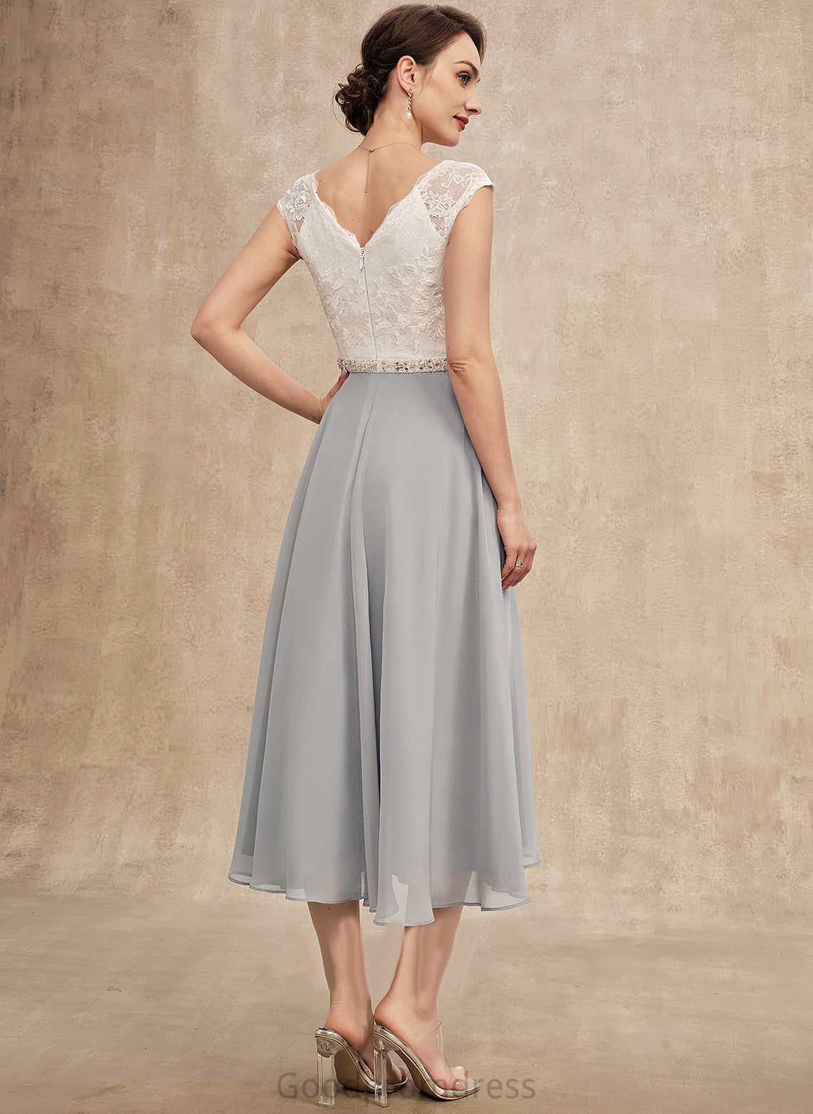 the With Lace Peggie Tea-Length A-Line Mother Chiffon of Beading V-neck Mother of the Bride Dresses Dress Bride