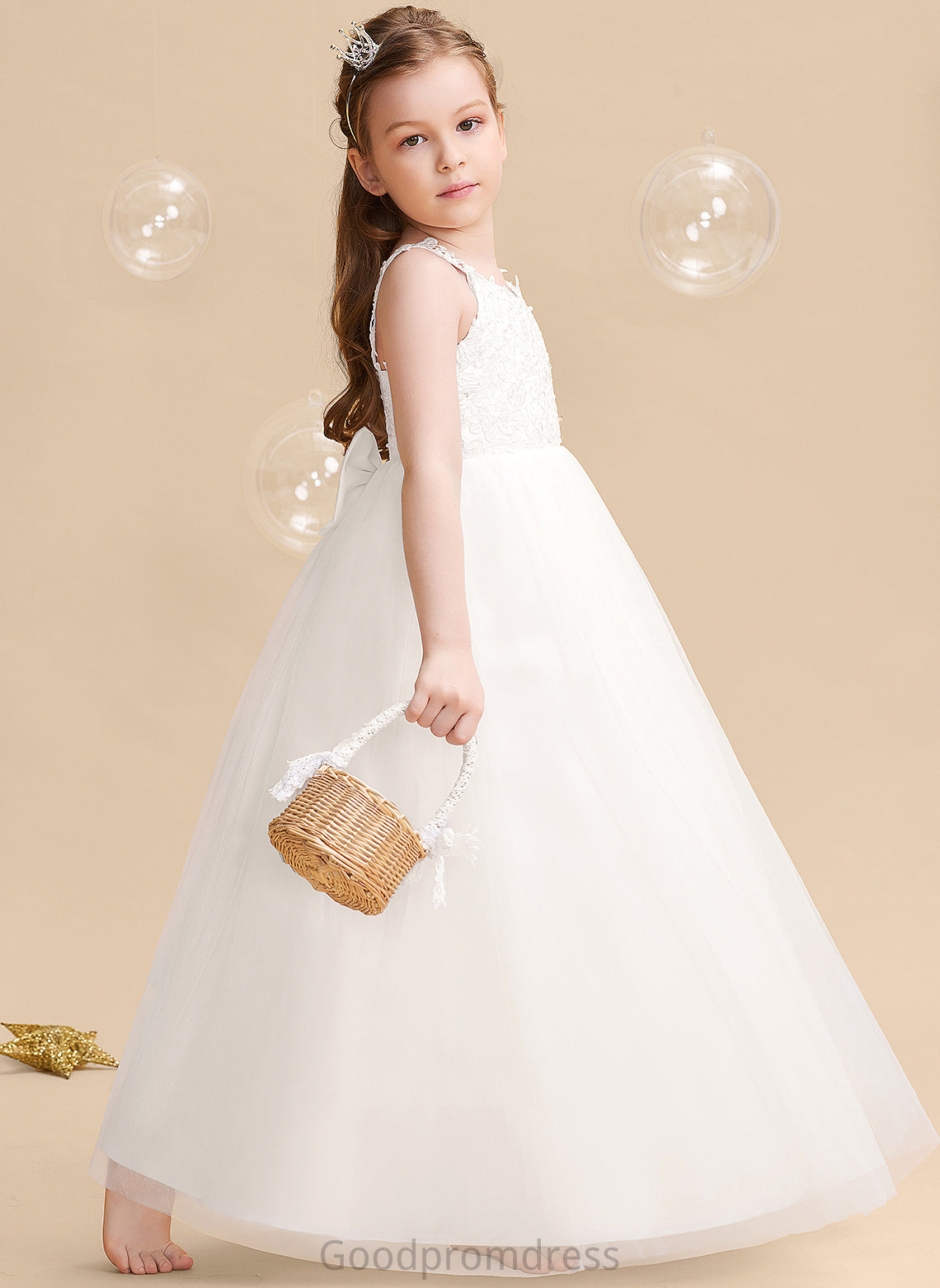 Tulle/Lace Flower Charlize Sleeveless Flower Girl Dresses Ball-Gown/Princess With Floor-length Girl Beading/Bow(s) - V-neck Dress