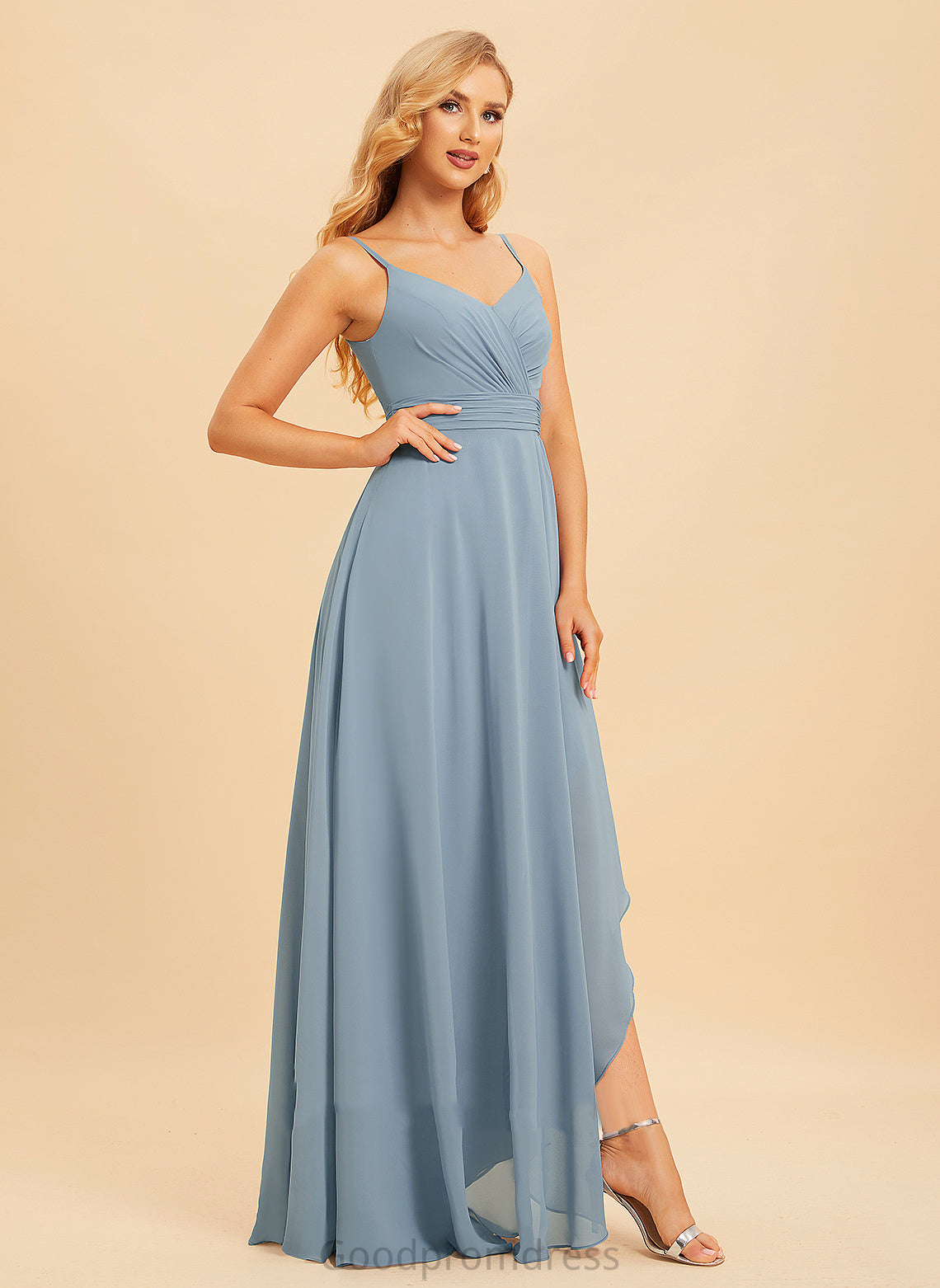 A-Line Asymmetrical Ruffle V-neck Length Neckline Silhouette Fabric Embellishment Nola Natural Waist Floor Length Bridesmaid Dresses