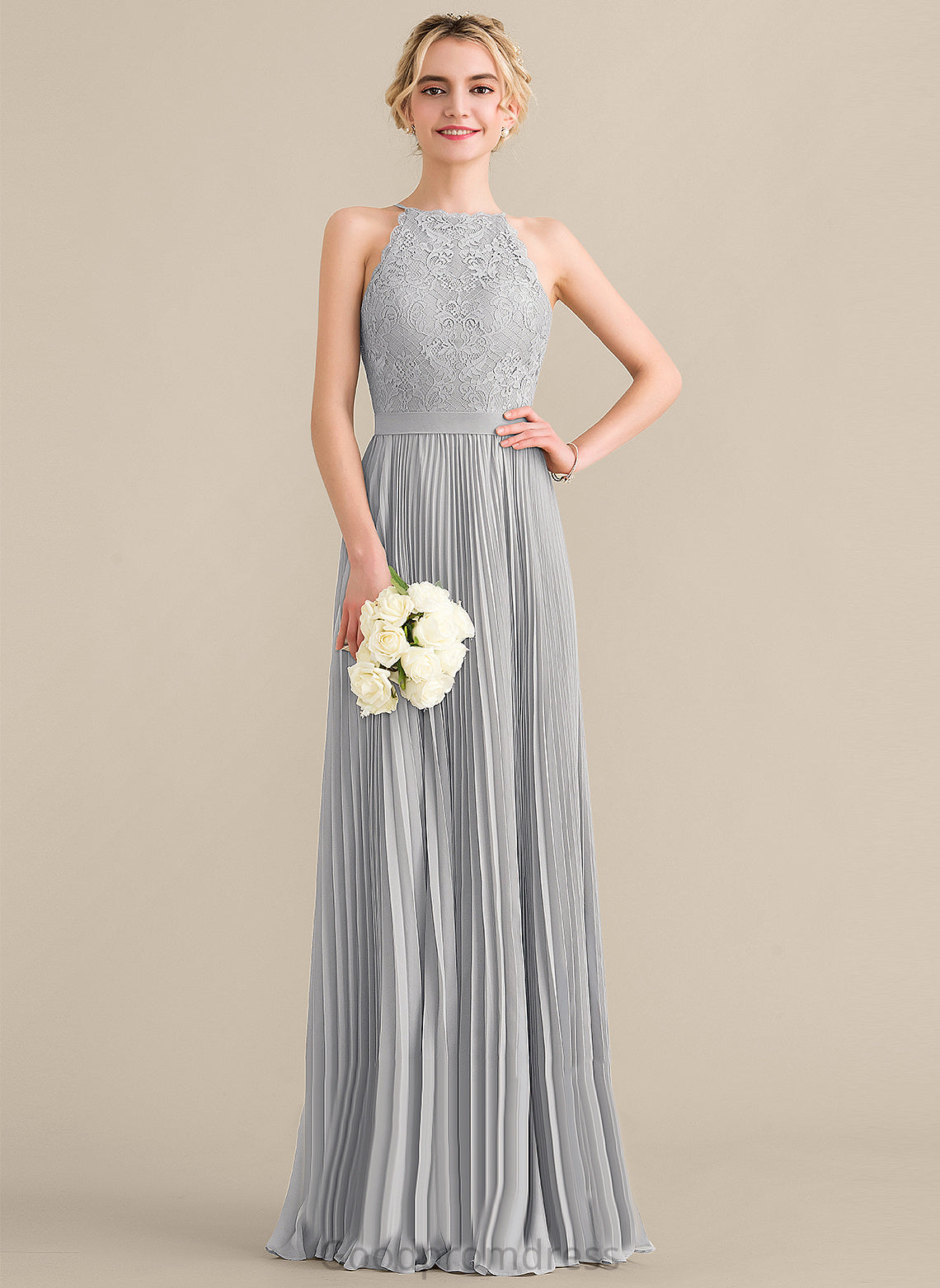 Scoop Pleated Chiffon Lace Floor-Length Jocelyn A-Line Prom Dresses With