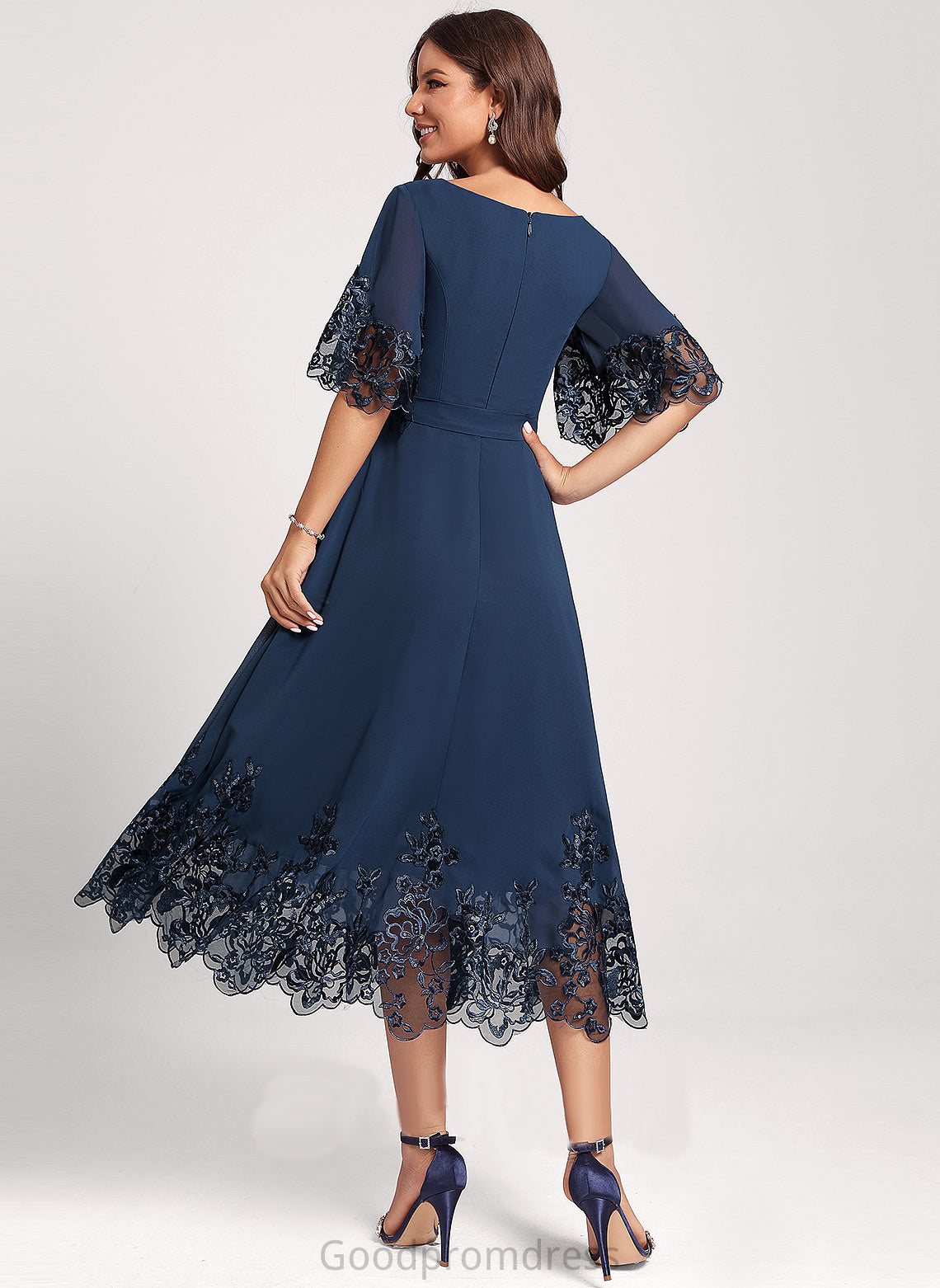 Dress A-Line Chiffon With Cocktail Sequins Tea-Length Lace Club Dresses V-neck Greta