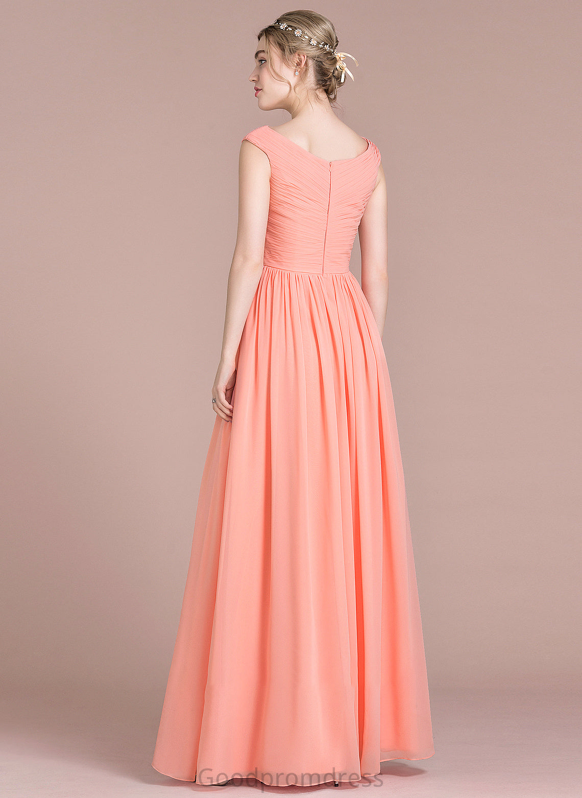 Neckline Straps Fabric V-neck Embellishment Ruffle Length Floor-Length Coral Sleeveless Natural Waist A-Line/Princess Bridesmaid Dresses