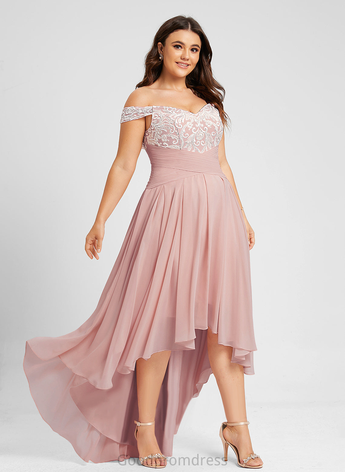 Sahna Off-the-Shoulder Pleated Prom Dresses Lace A-Line Chiffon With Asymmetrical