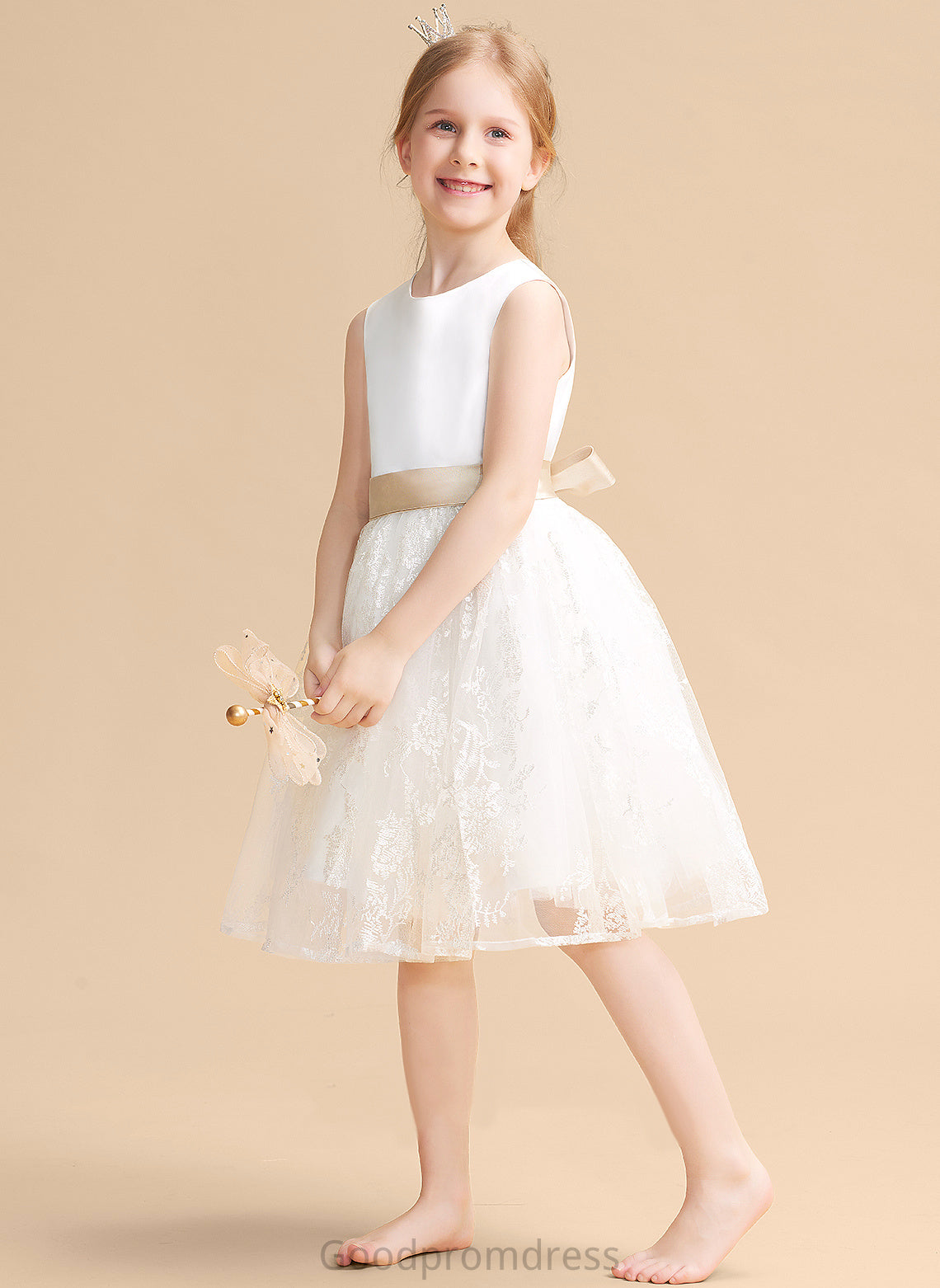 Flower Scoop - Satin/Lace Sash A-Line/Princess Jeanie Neck Girl Dress Sleeveless With Knee-length Flower Girl Dresses