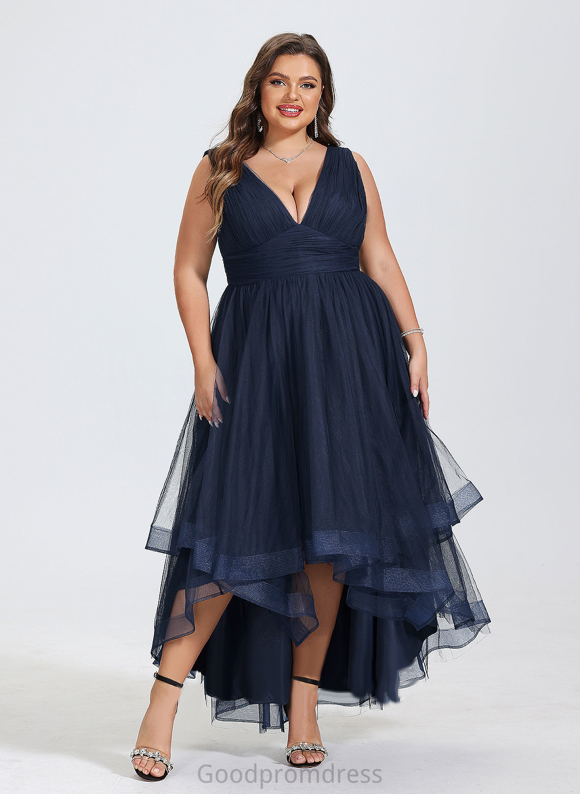 Ruffles Asymmetrical With Gemma A-Line Cocktail Cascading Pleated Tulle Dress Cocktail Dresses V-neck