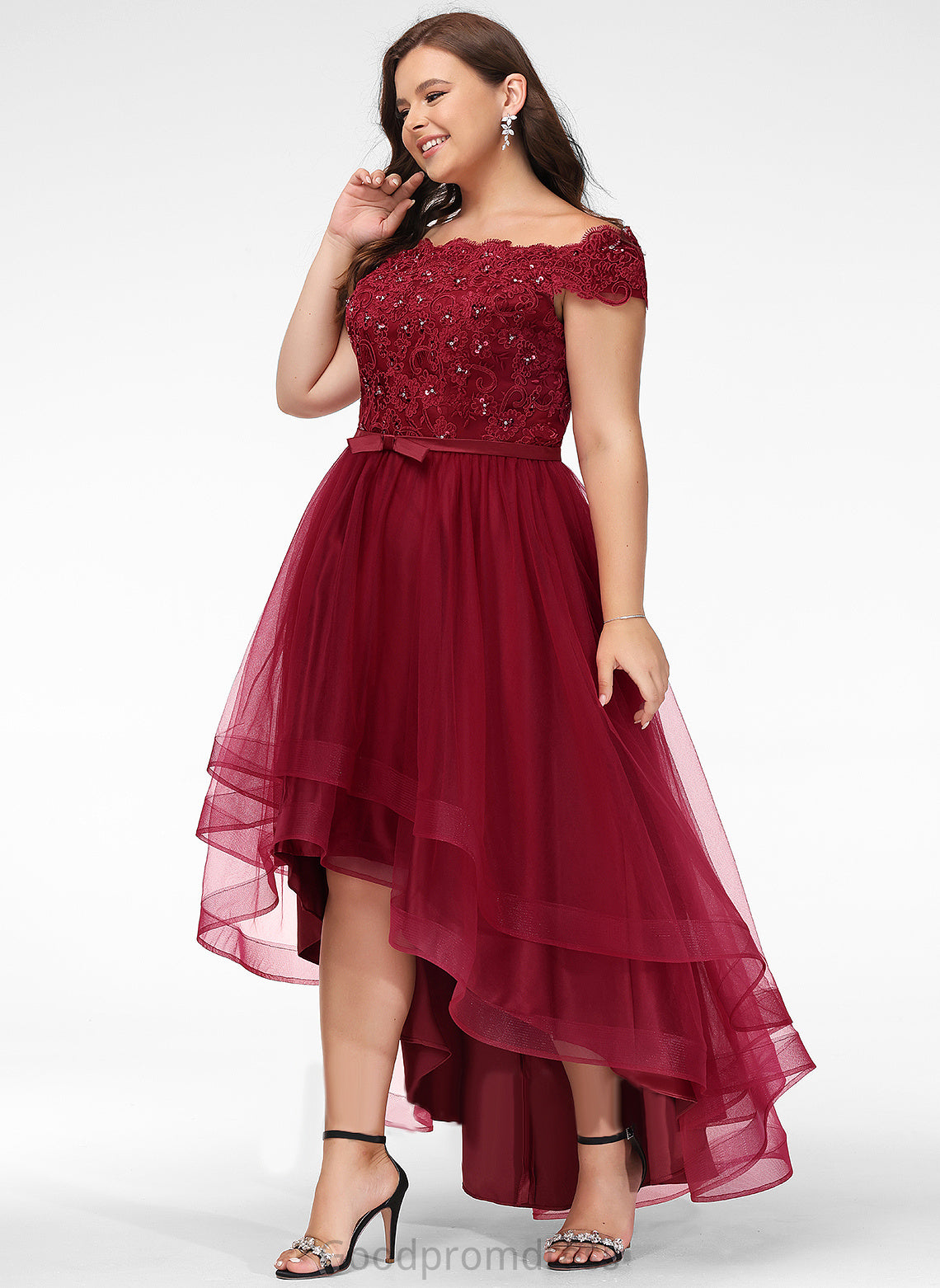 Prom Dresses Sequins Off-the-Shoulder A-Line Asymmetrical Macy Tulle Bow(s) Lace Beading With