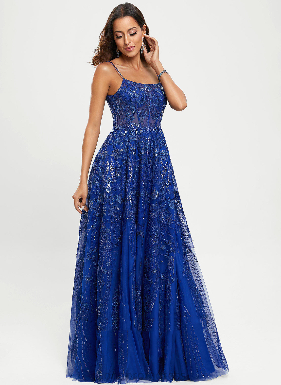 Tulle A-Line Lace Floor-Length With Sequins Jazlyn Scoop Prom Dresses