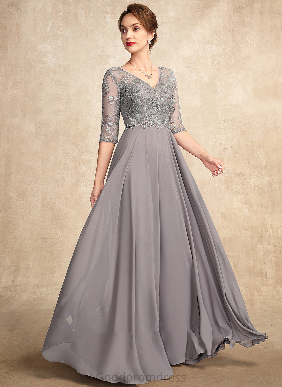 Lace Gloria Chiffon V-neck Bride of With Mother of the Bride Dresses Sequins the A-Line Floor-Length Dress Mother