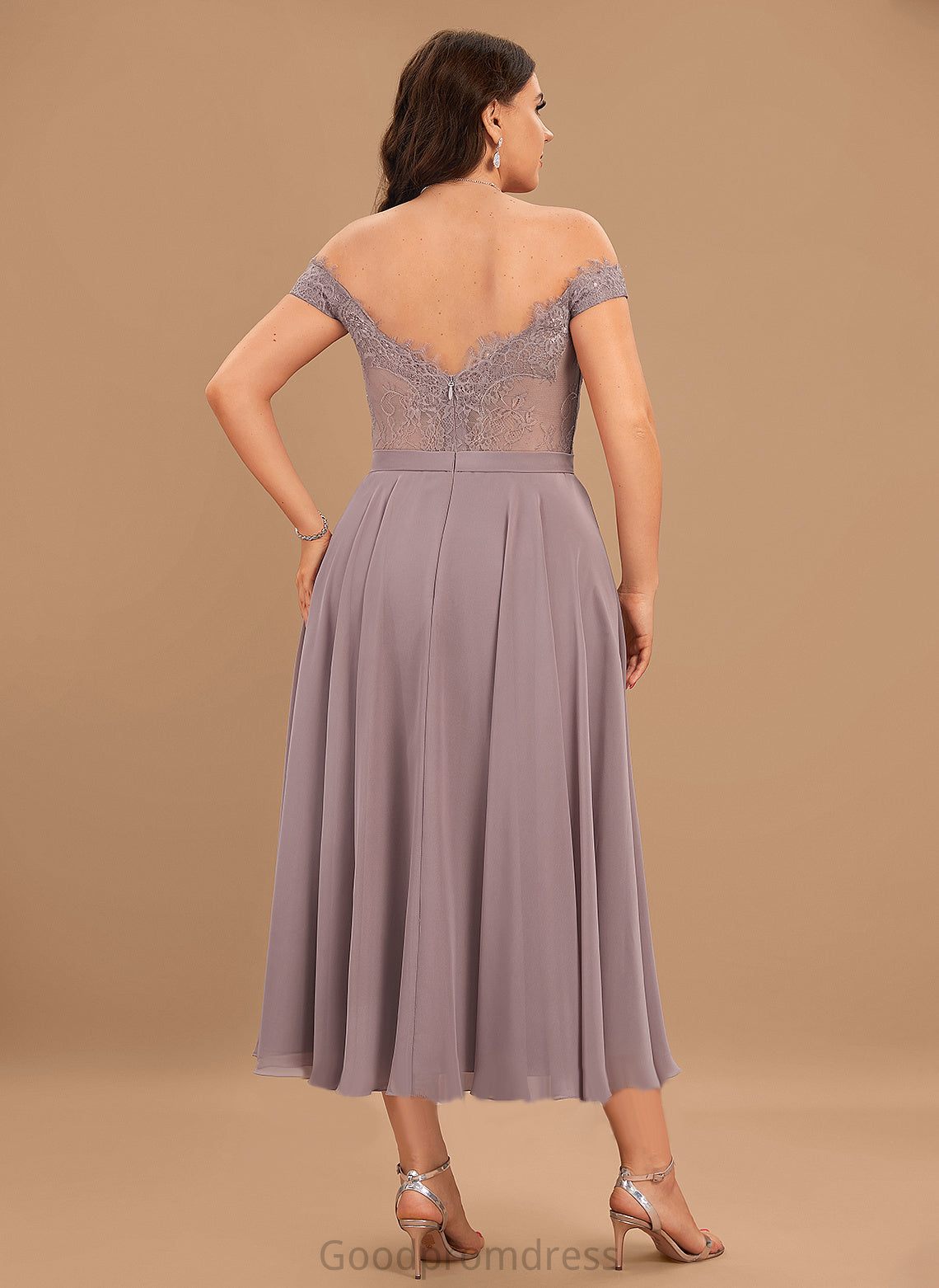 Lace Cocktail Off-the-Shoulder A-Line Chiffon Cocktail Dresses With Tea-Length Finley Dress Beading