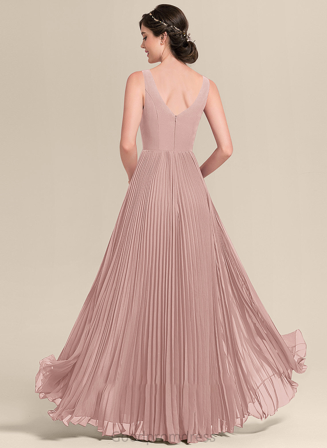 A-Line Silhouette V-neck Fabric Length Pleated Embellishment Floor-Length Neckline SplitFront Allisson A-Line/Princess Bridesmaid Dresses