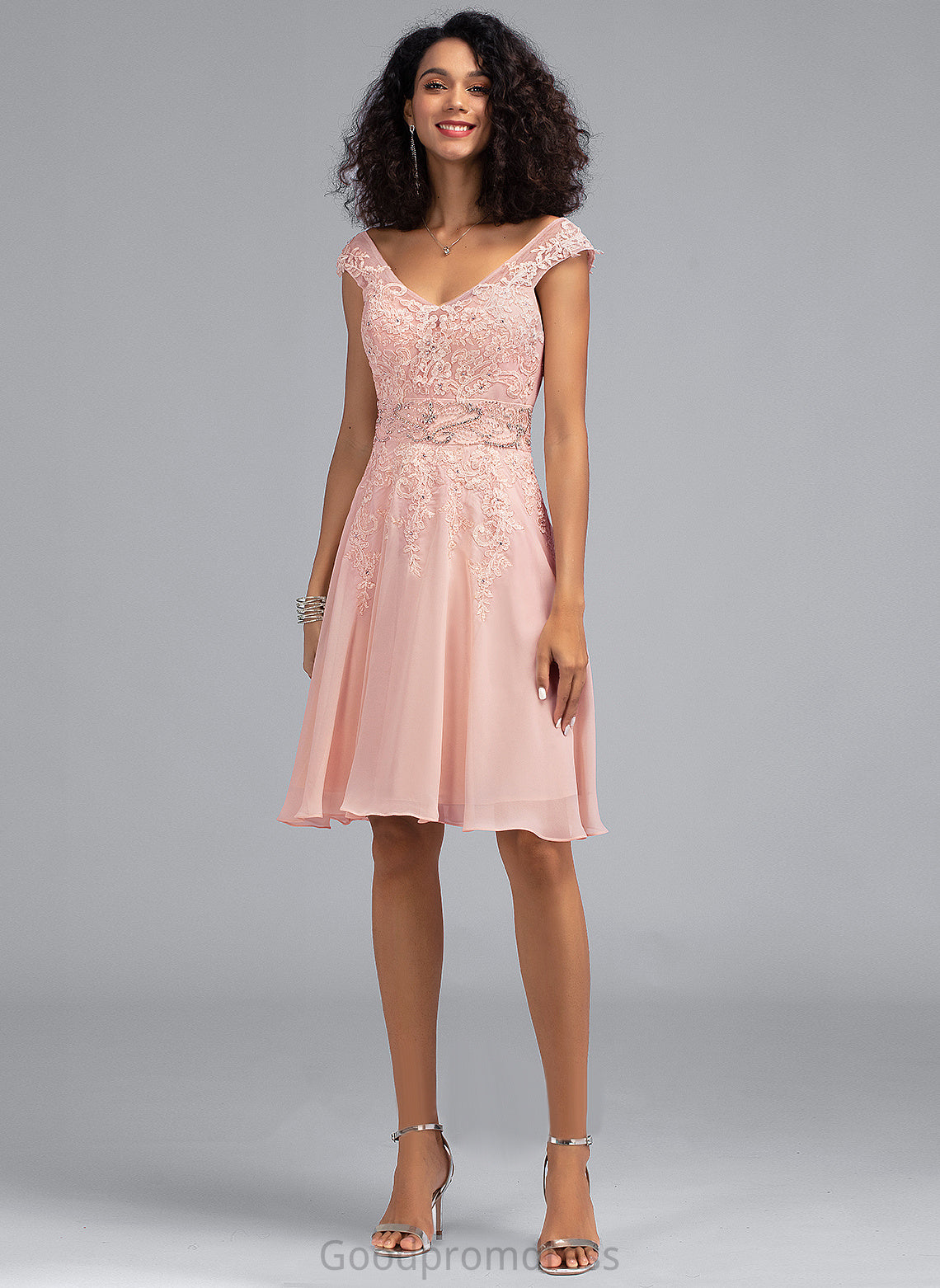 With Homecoming Dress V-neck Lace Knee-Length Chiffon Jaslyn A-Line Homecoming Dresses Beading