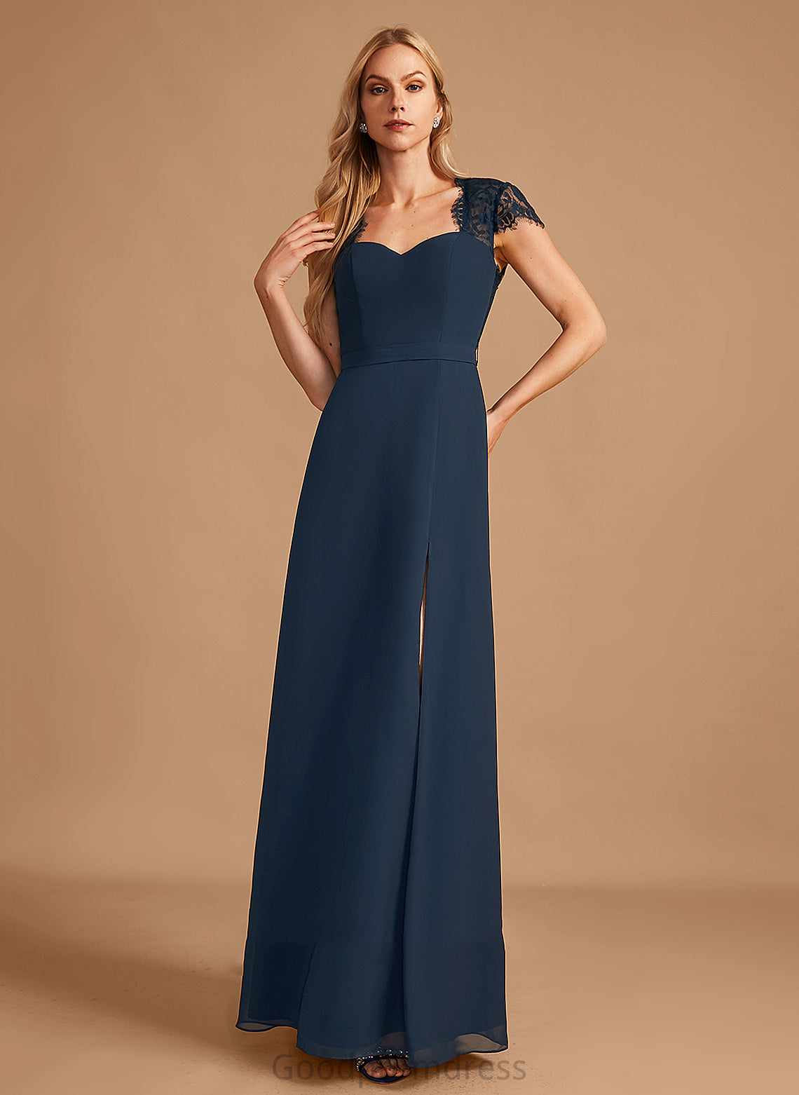 Silhouette Fabric Floor-Length SplitFront V-neck A-Line Neckline Lace Embellishment Length Jaida Sleeveless Bridesmaid Dresses