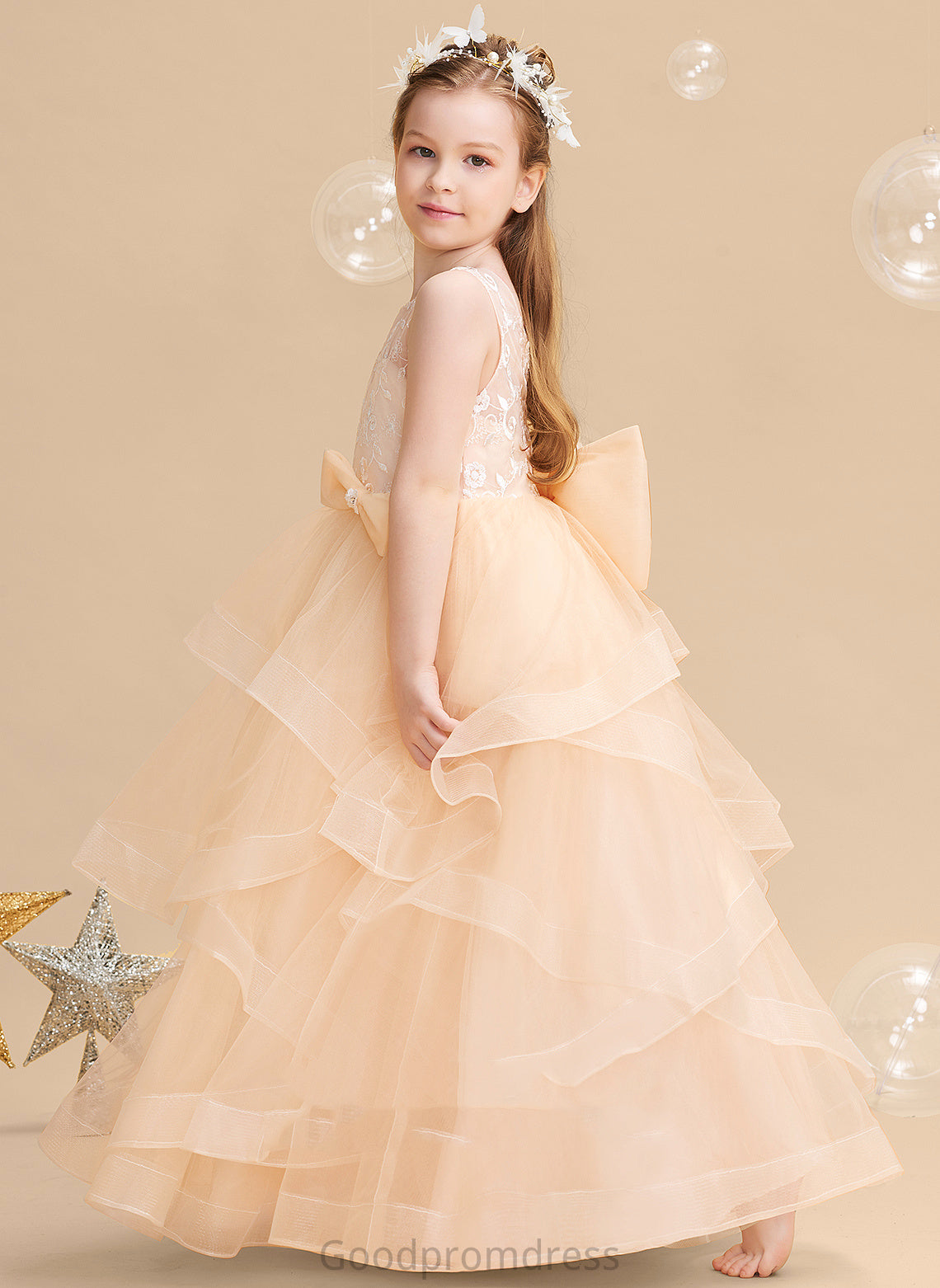 Dress Back Floor-length With Ball-Gown/Princess - Flower Girl Dresses Scalloped Emilee Flower Girl Sleeveless Neck Tulle Lace/Flower(s)/Bow(s)/V