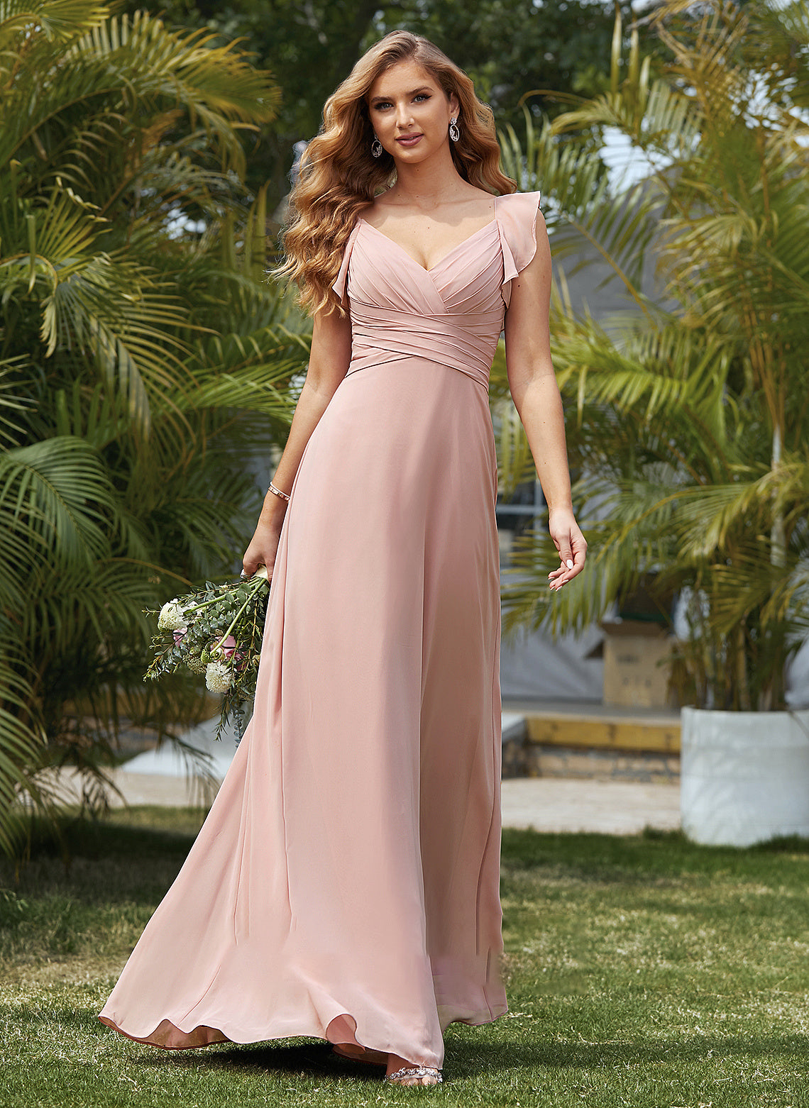 Empire Floor-Length Chiffon Ciara Prom Dresses Cascading Ruffles V-neck With