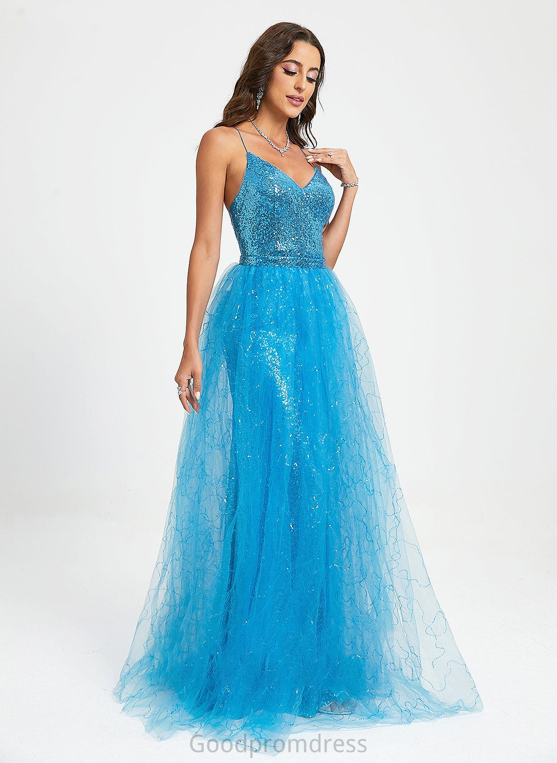 Floor-Length V-neck Tulle With Jordin Ball-Gown/Princess Prom Dresses Sequins