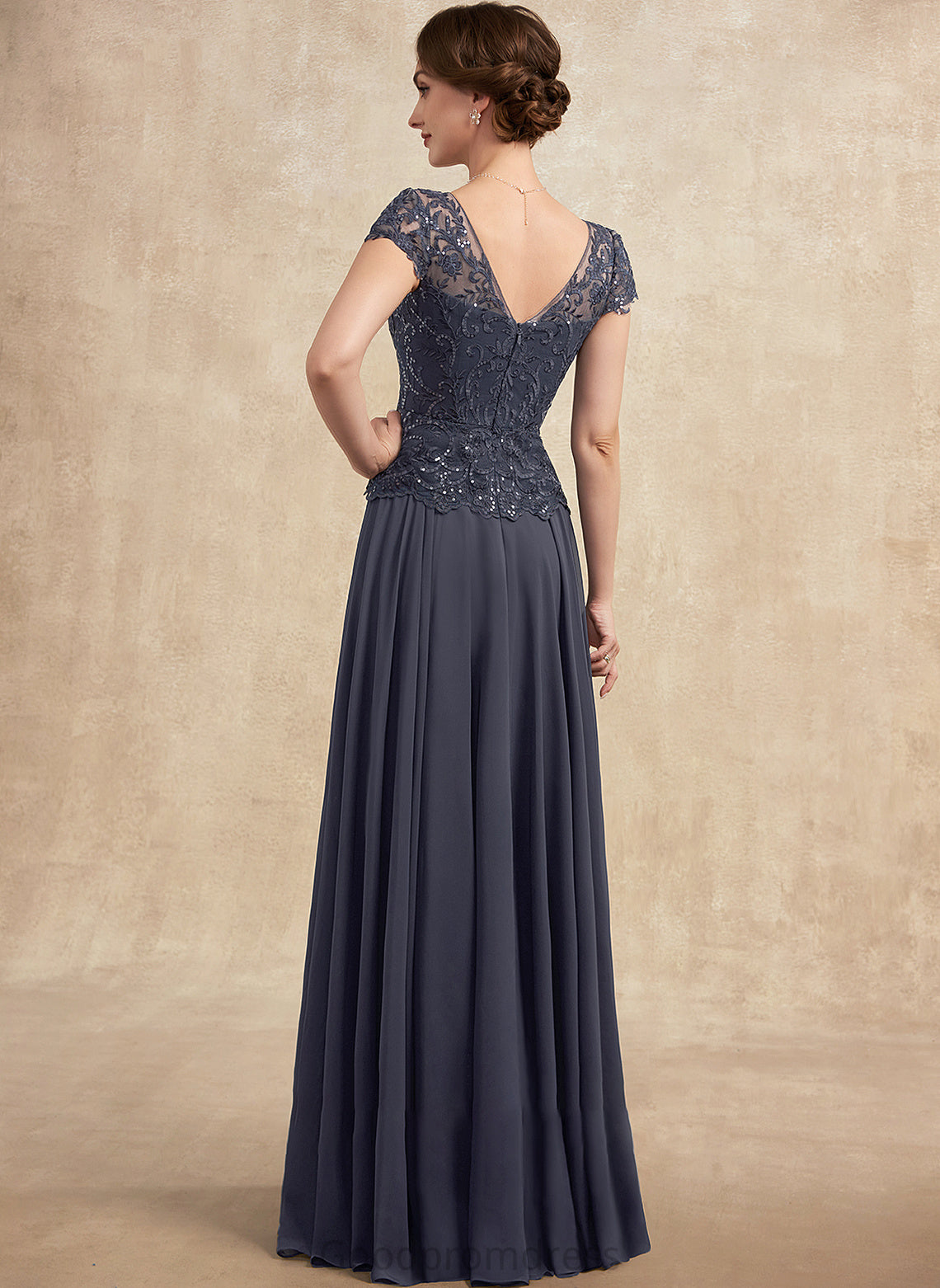 Floor-Length Vera Mother of the Bride Dresses Bride Lace V-neck Dress With Chiffon Mother A-Line Sequins of the