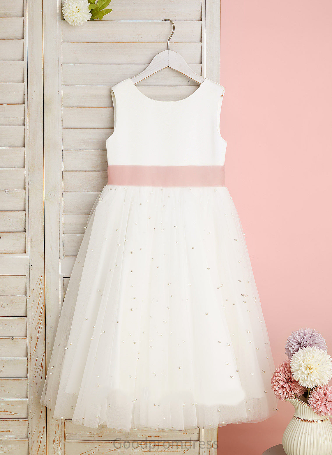 Satin/Tulle Sash/Bow(s)/V With Flower Dress Tea-length Girl Neck Back - A-Line Scoop Sleeveless Flower Girl Dresses Maisie