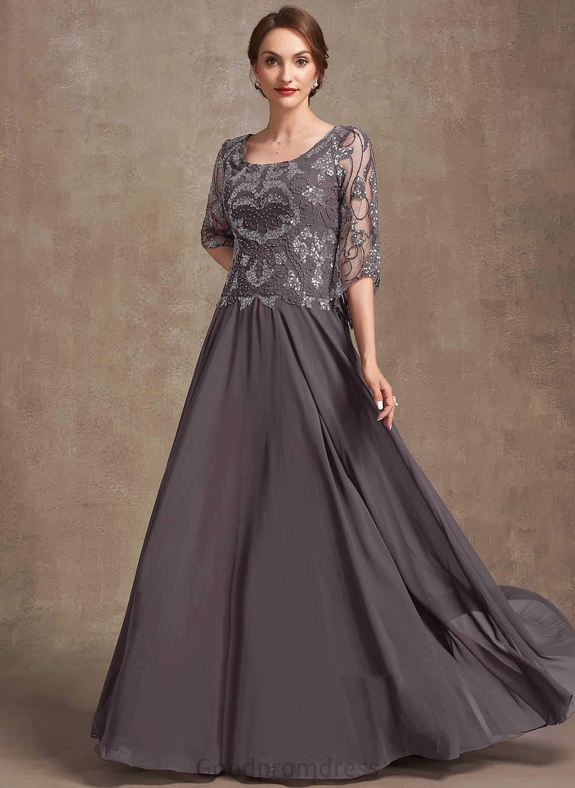 Bride A-Line Scoop Mother the Floor-Length Sequins Neck Mother of the Bride Dresses Lilian Chiffon Lace With Beading of Dress