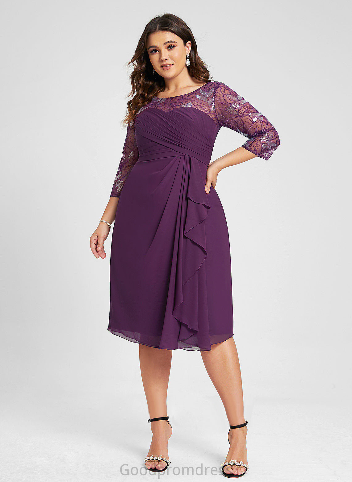 Amanda Cocktail Dresses Sheath/Column Scoop With Cocktail Dress Neck Knee-Length Sequins Lace Ruffles Chiffon Cascading