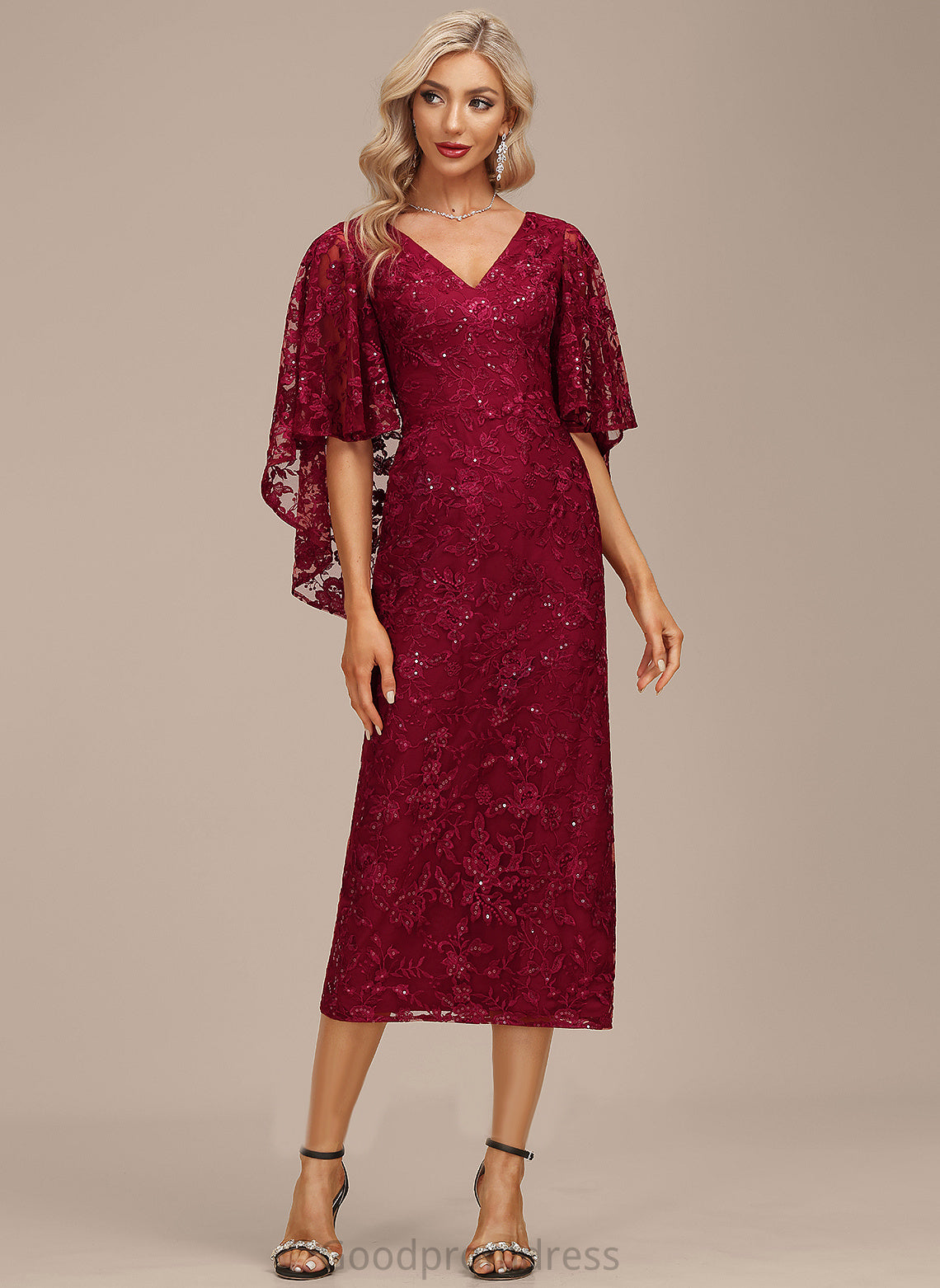 Madalynn Dress With Cocktail Dresses Cocktail Lace Sheath/Column Tea-Length V-neck Sequins