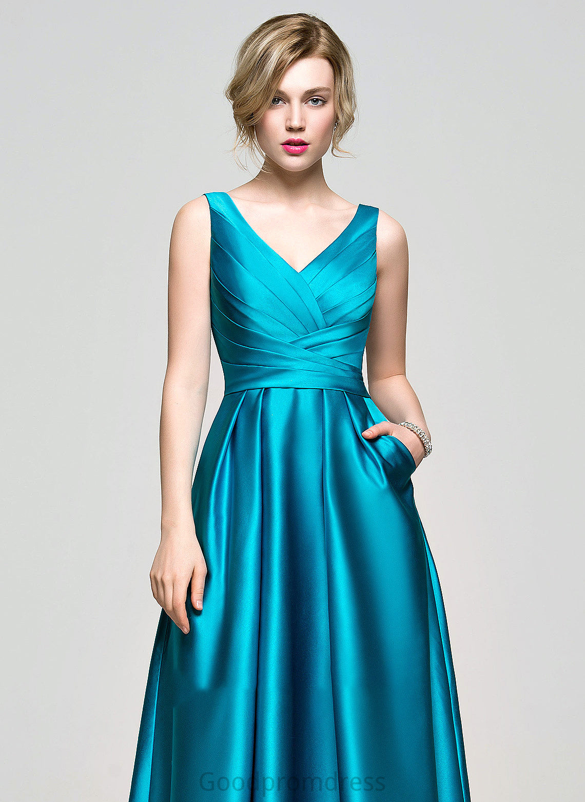 Ball-Gown/Princess Prom Dresses With V-neck Chelsea Satin Ruffle Pockets Floor-Length