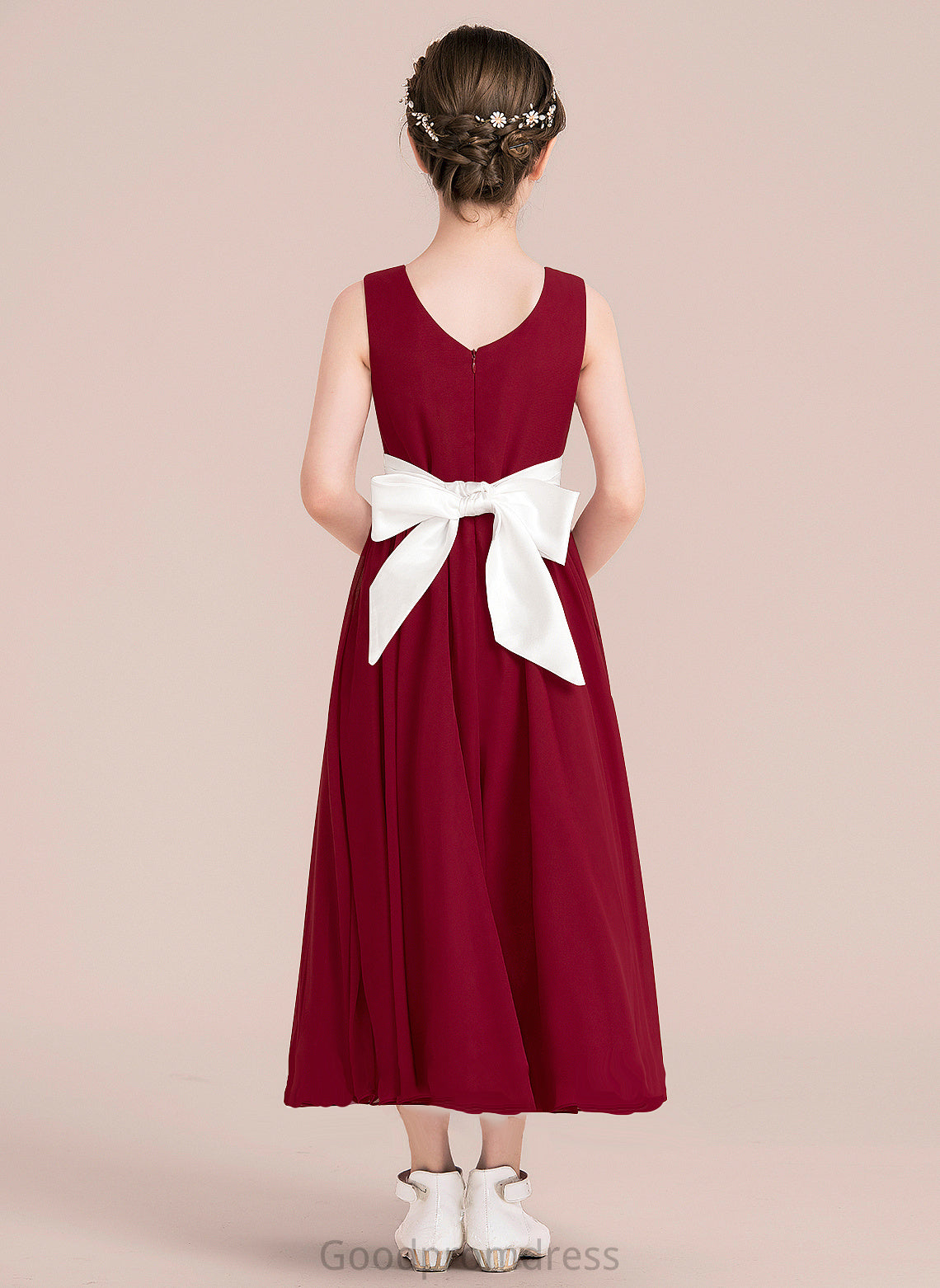 Junior Bridesmaid Dresses Sash Ankle-Length A-Line Scoop With Neck Empire Chiffon Keyla Bow(s)