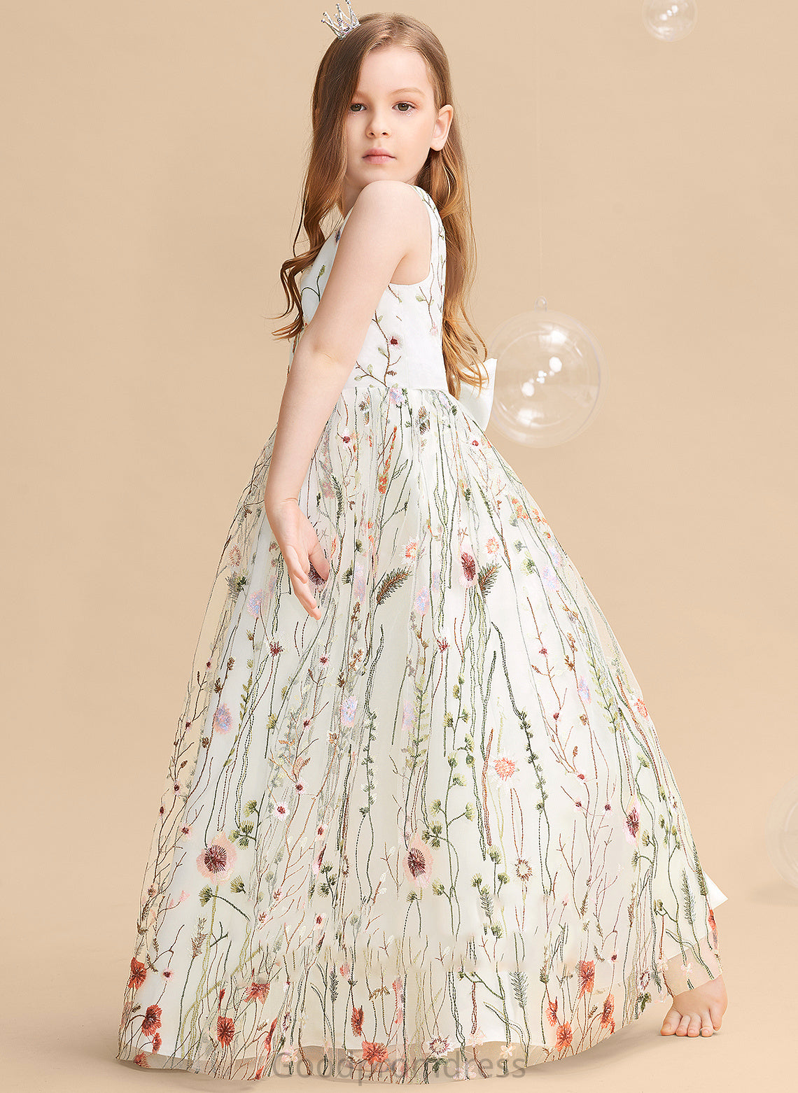 A-Line Dress Flower Girl Dresses With Flower(s)/Bow(s) - Girl Sleeveless Floor-length V-neck Denise Jacquard Flower