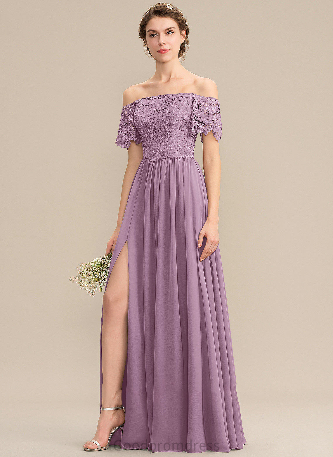 A-Line Silhouette Embellishment SplitFront Floor-Length Fabric Off-the-Shoulder Neckline Length Thirza Floor Length Natural Waist Bridesmaid Dresses