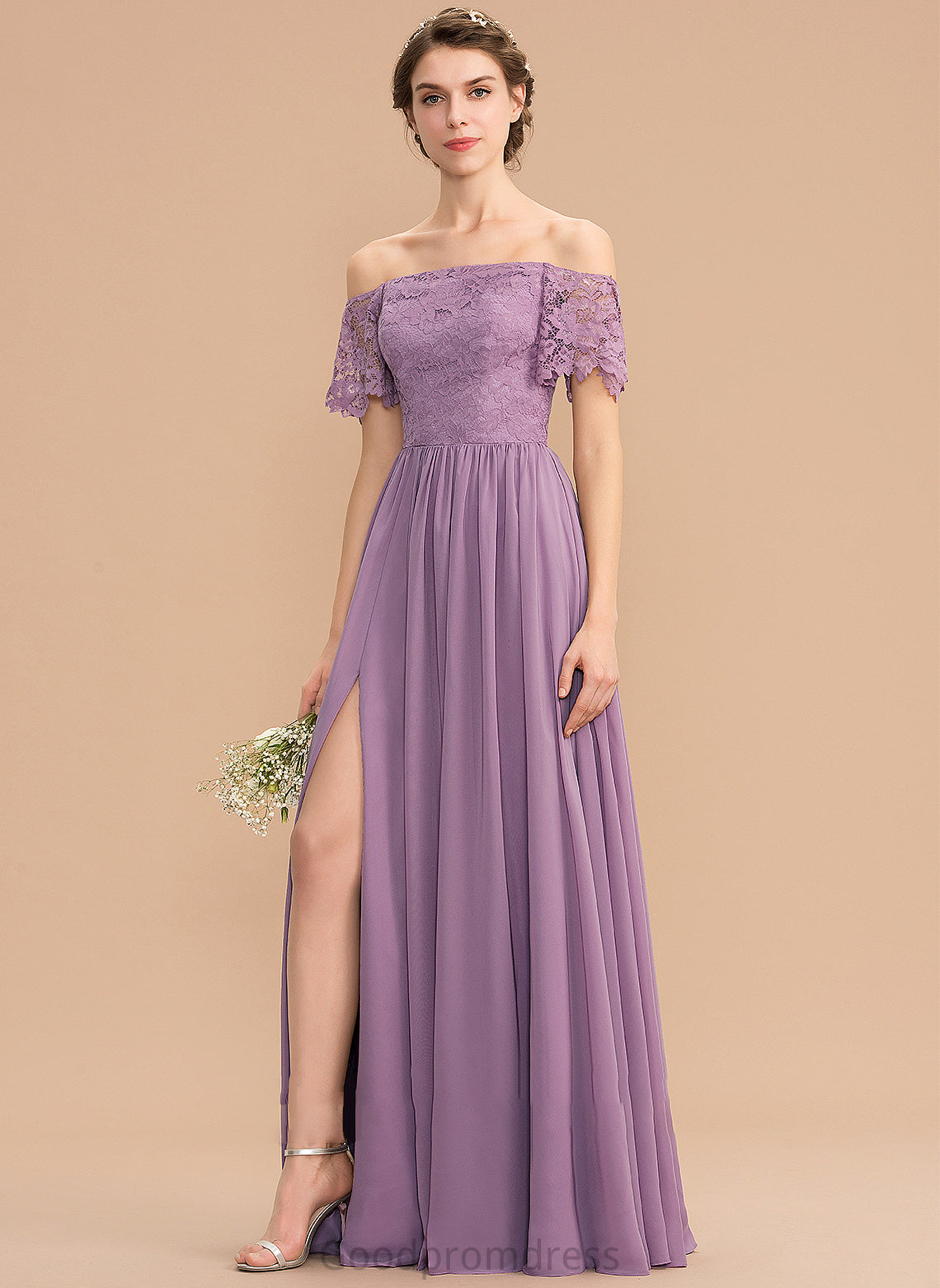 A-Line Silhouette Embellishment SplitFront Floor-Length Fabric Off-the-Shoulder Neckline Length Thirza Floor Length Natural Waist Bridesmaid Dresses