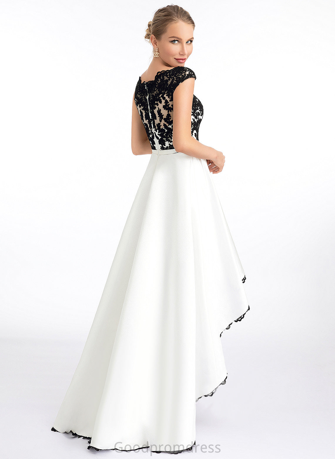 Ball-Gown/Princess Satin Asymmetrical Scoop Lace Aubrey Prom Dresses