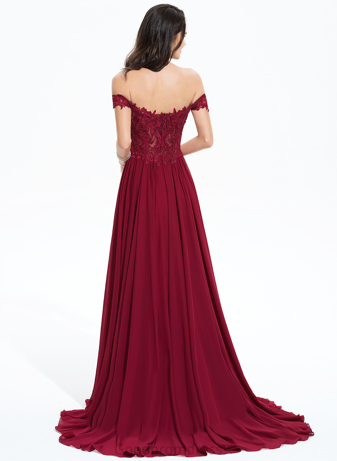 Off-the-Shoulder Kianna Prom Dresses Train Chiffon Sweep A-Line Lace Sequins With