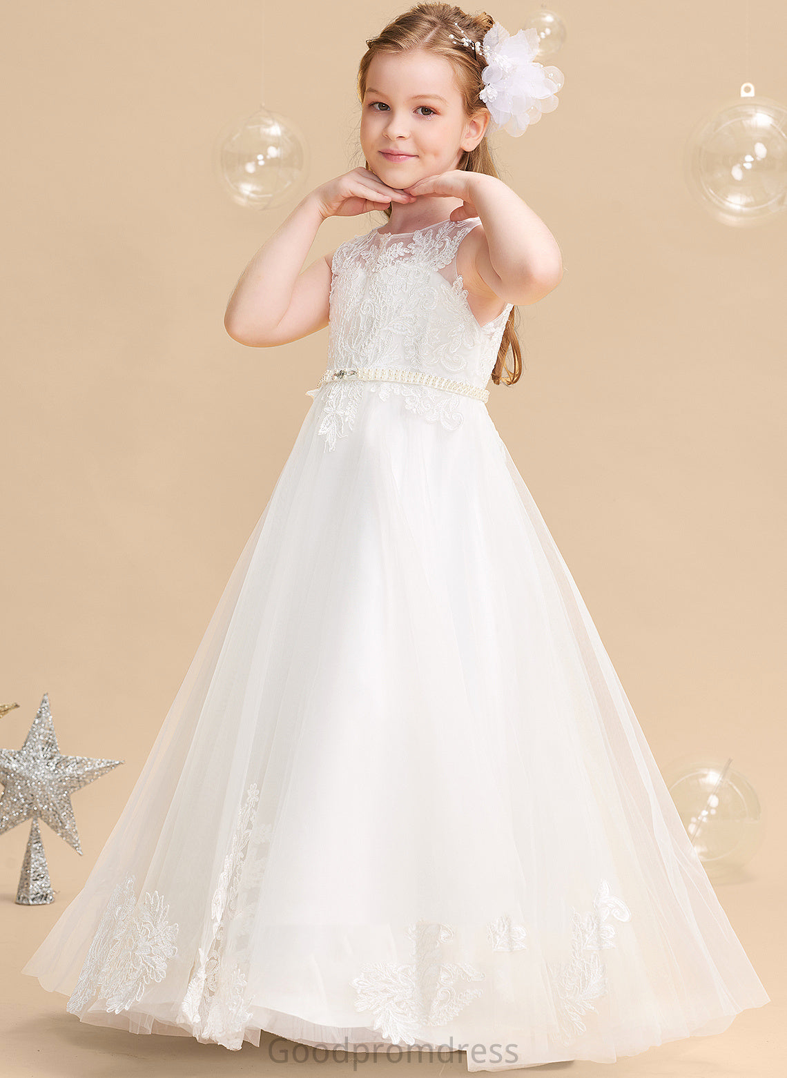 Ball-Gown/Princess Girl Scoop Angelina Neck Beading Dress - Floor-length Flower Girl Dresses Flower Sleeveless With Tulle/Lace