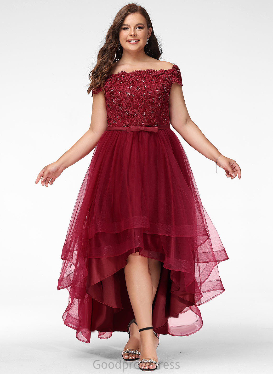 Prom Dresses Sequins Off-the-Shoulder A-Line Asymmetrical Macy Tulle Bow(s) Lace Beading With