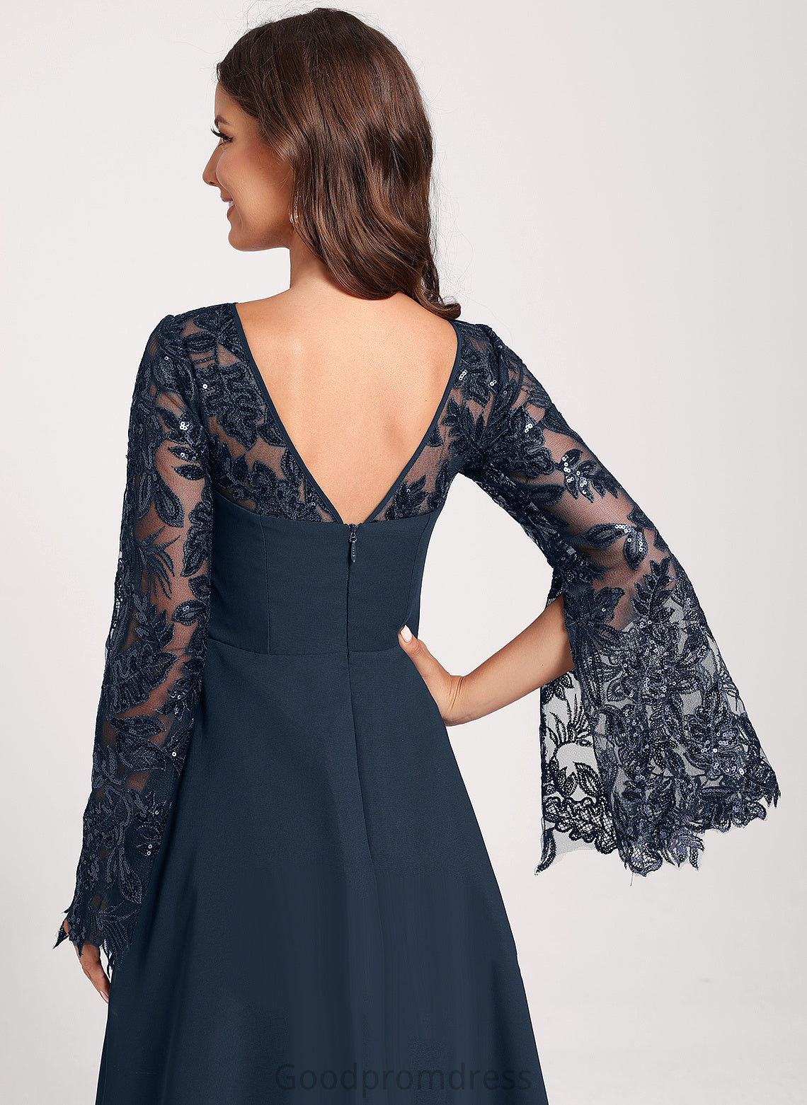 Lace With Cocktail Chiffon Knee-Length A-Line Scarlett Scoop Neck Club Dresses Dress Sequins