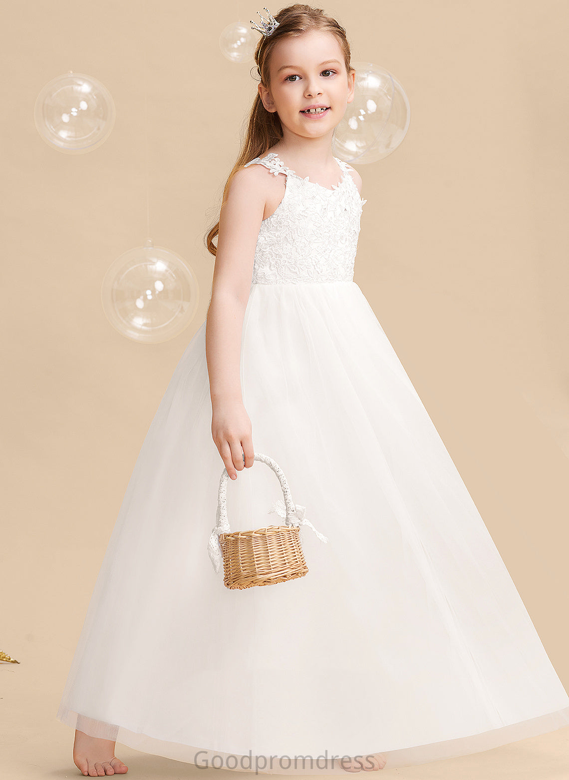 Tulle/Lace Flower Charlize Sleeveless Flower Girl Dresses Ball-Gown/Princess With Floor-length Girl Beading/Bow(s) - V-neck Dress