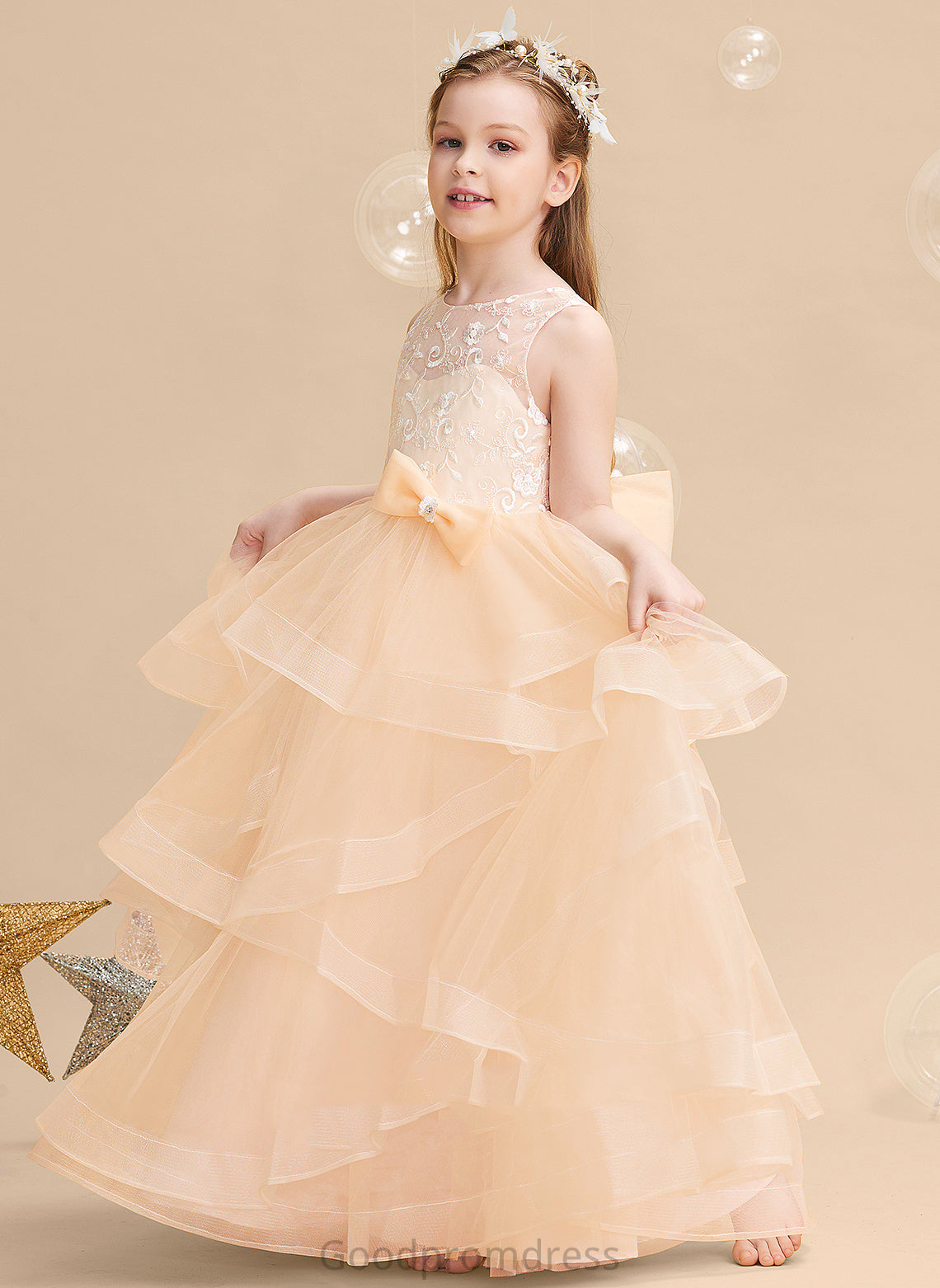 Dress Back Floor-length With Ball-Gown/Princess - Flower Girl Dresses Scalloped Emilee Flower Girl Sleeveless Neck Tulle Lace/Flower(s)/Bow(s)/V