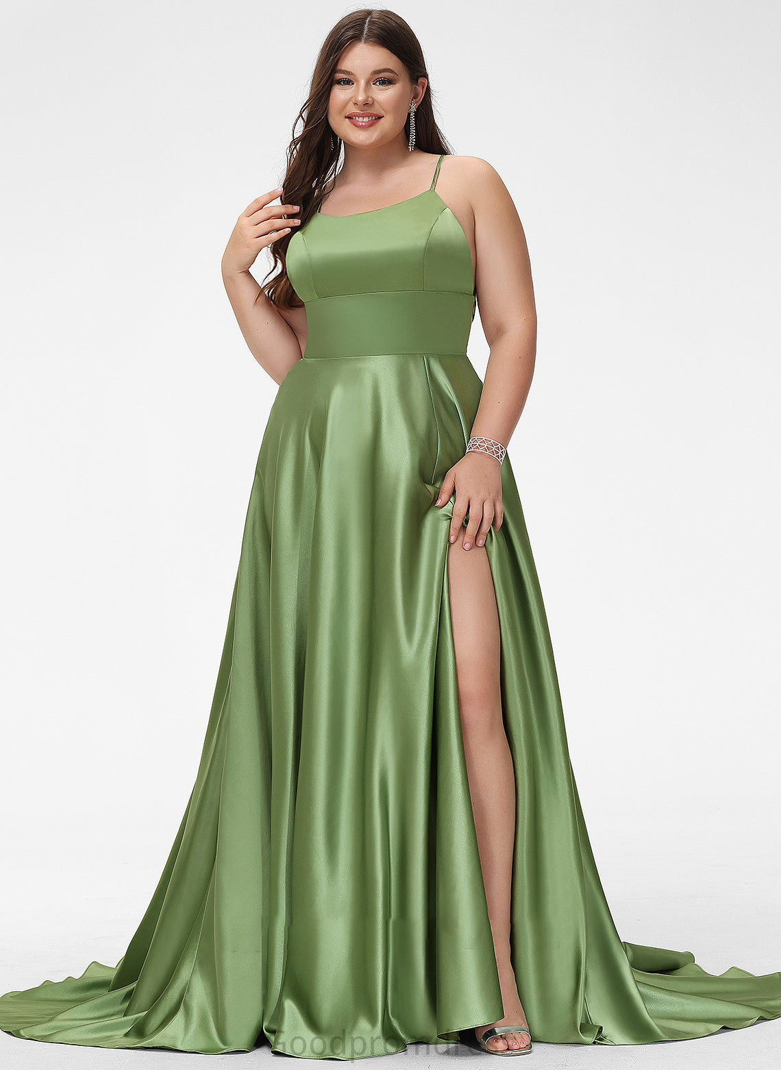 Front Train Neck Scoop Sweep A-Line Prom Dresses Satin With Camille Split