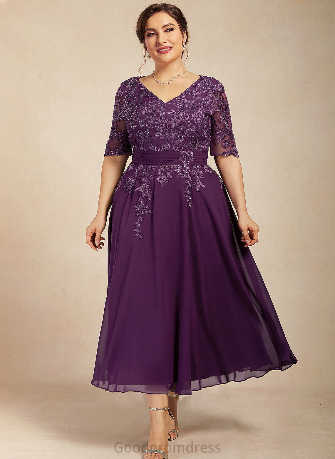 Janelle A-Line Mother V-neck Mother of the Bride Dresses Lace the Sequins Bride Tea-Length of Chiffon With Dress