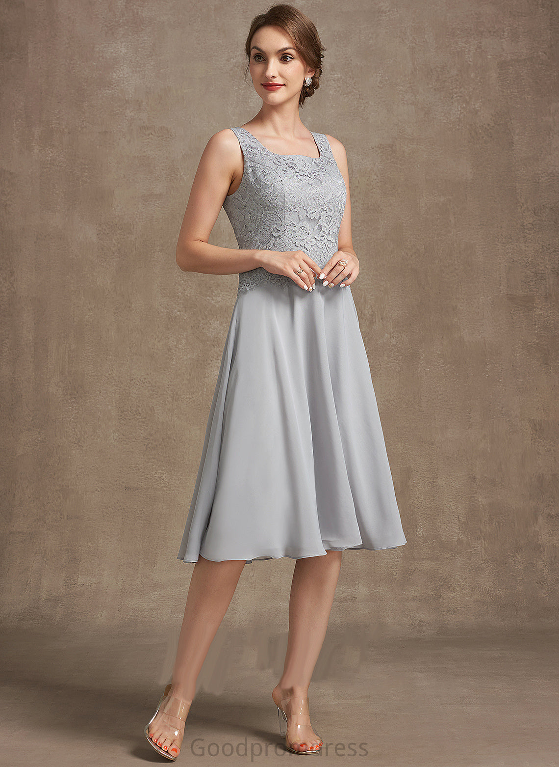 Dress Bride A-Line Neckline Mother of the Bride Dresses the Square Lace Mother of Chiffon Greta Knee-Length