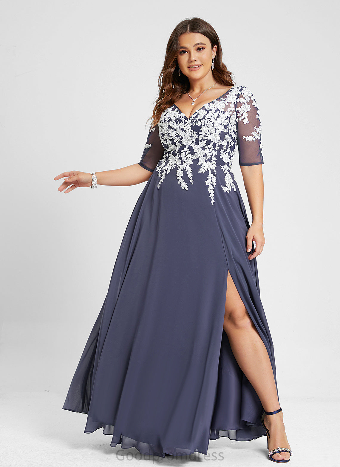 A-Line V-neck Floor-Length Lace Chiffon Arielle Prom Dresses