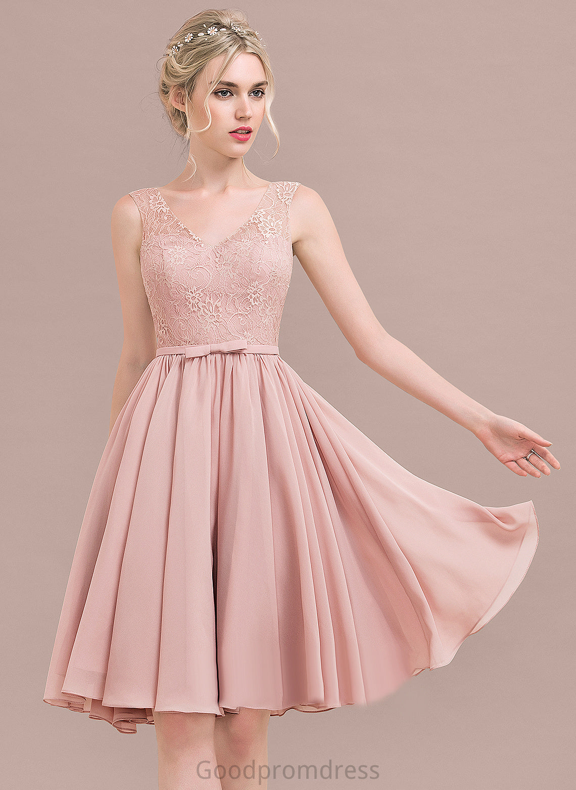 V-neck Knee-Length With A-Line Homecoming Chiffon Bow(s) Homecoming Dresses Lace Dress Lace Amari