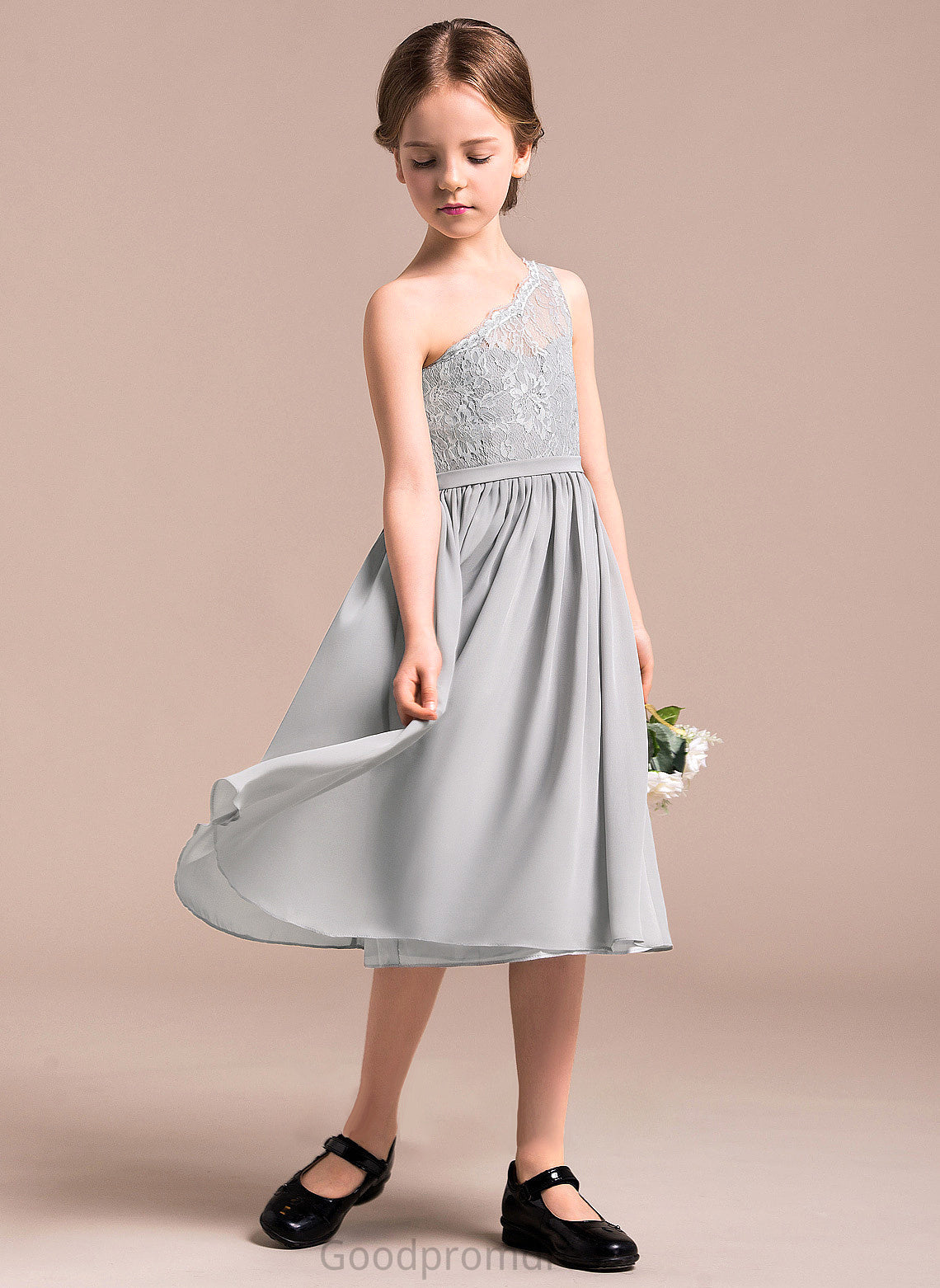 A-Line Chiffon Knee-Length Lace Junior Bridesmaid Dresses Saniyah One-Shoulder